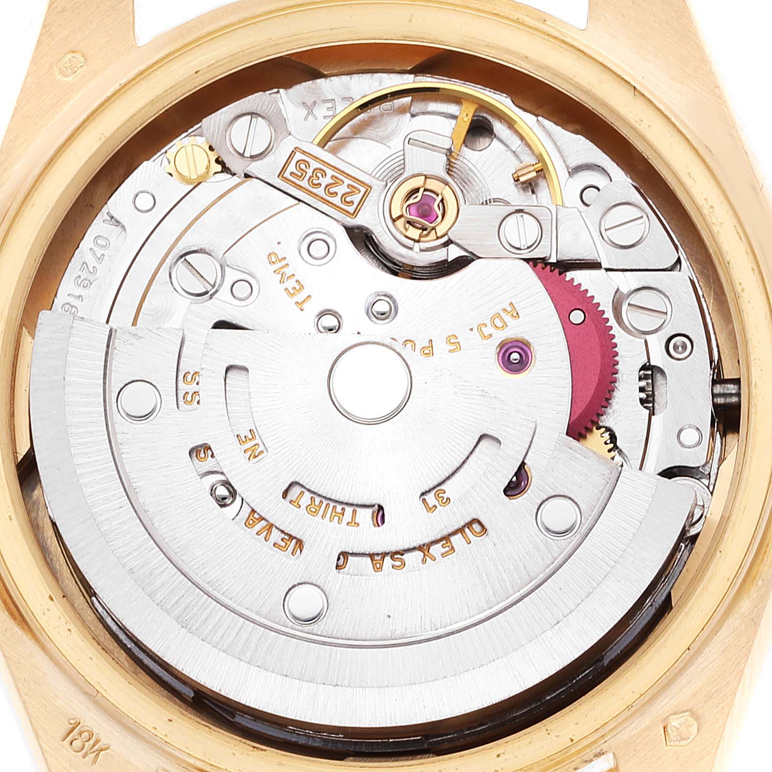 This image shows the open case back of a Rolex President 79178 Women
s Yellow Gold Champagne Dial 79178 Women
s Yellow Gold Champagne Dial model watch, revealing its intricate movement and rotor mechanism.
