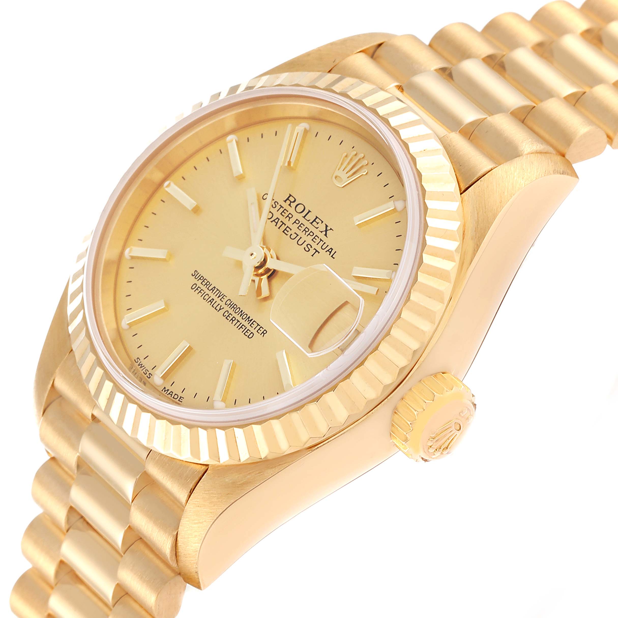 The Rolex President 79178 Women
s Yellow Gold Champagne Dial 79178 Women
s Yellow Gold Champagne Dial model watch is shown at an angle that highlights the dial, bezel, crown, and part of the bracelet.