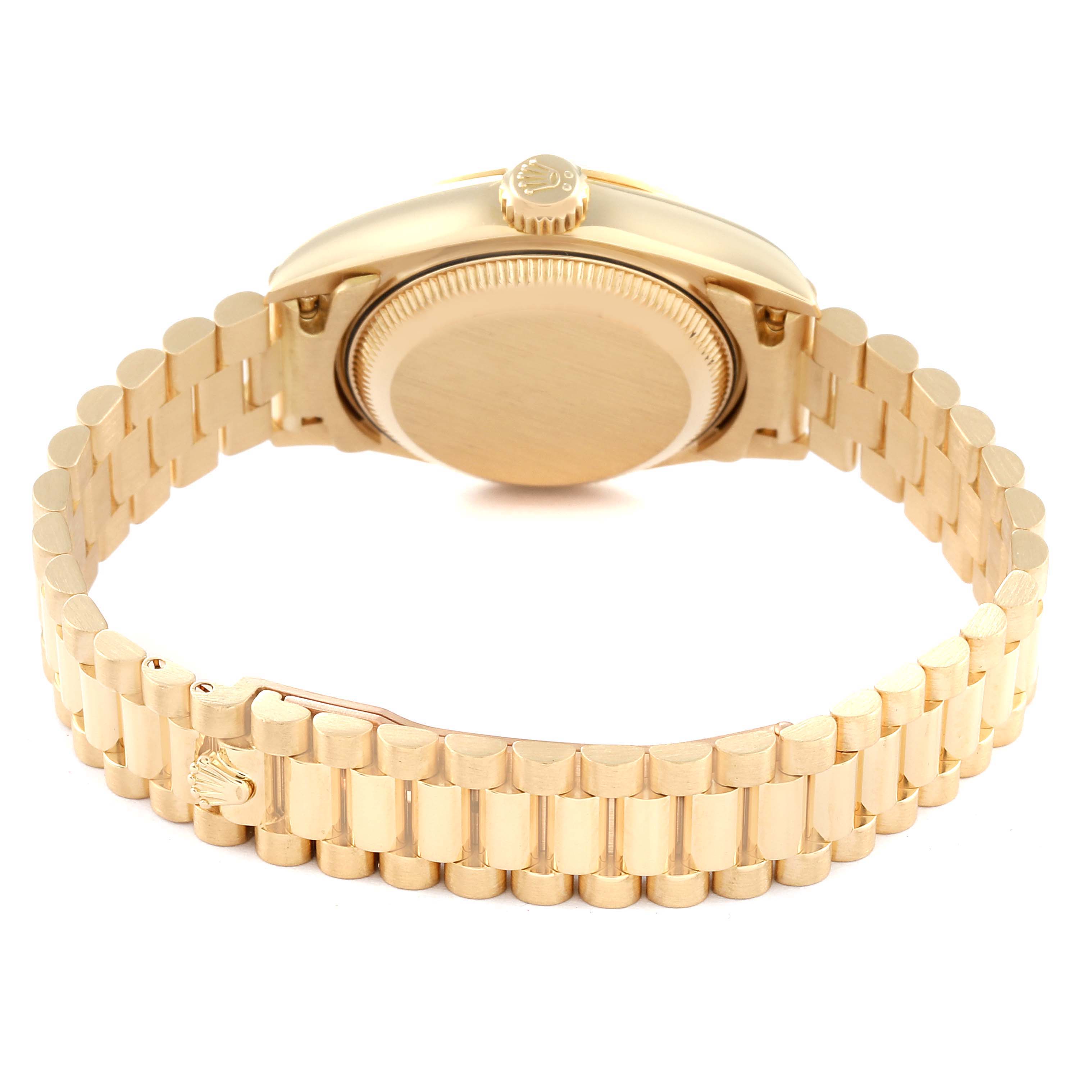 This image shows the back and bracelet of a Rolex President 79178 Women
s Yellow Gold Champagne Dial 79178 Women
s Yellow Gold Champagne Dial model watch, viewed from the bottom angle.