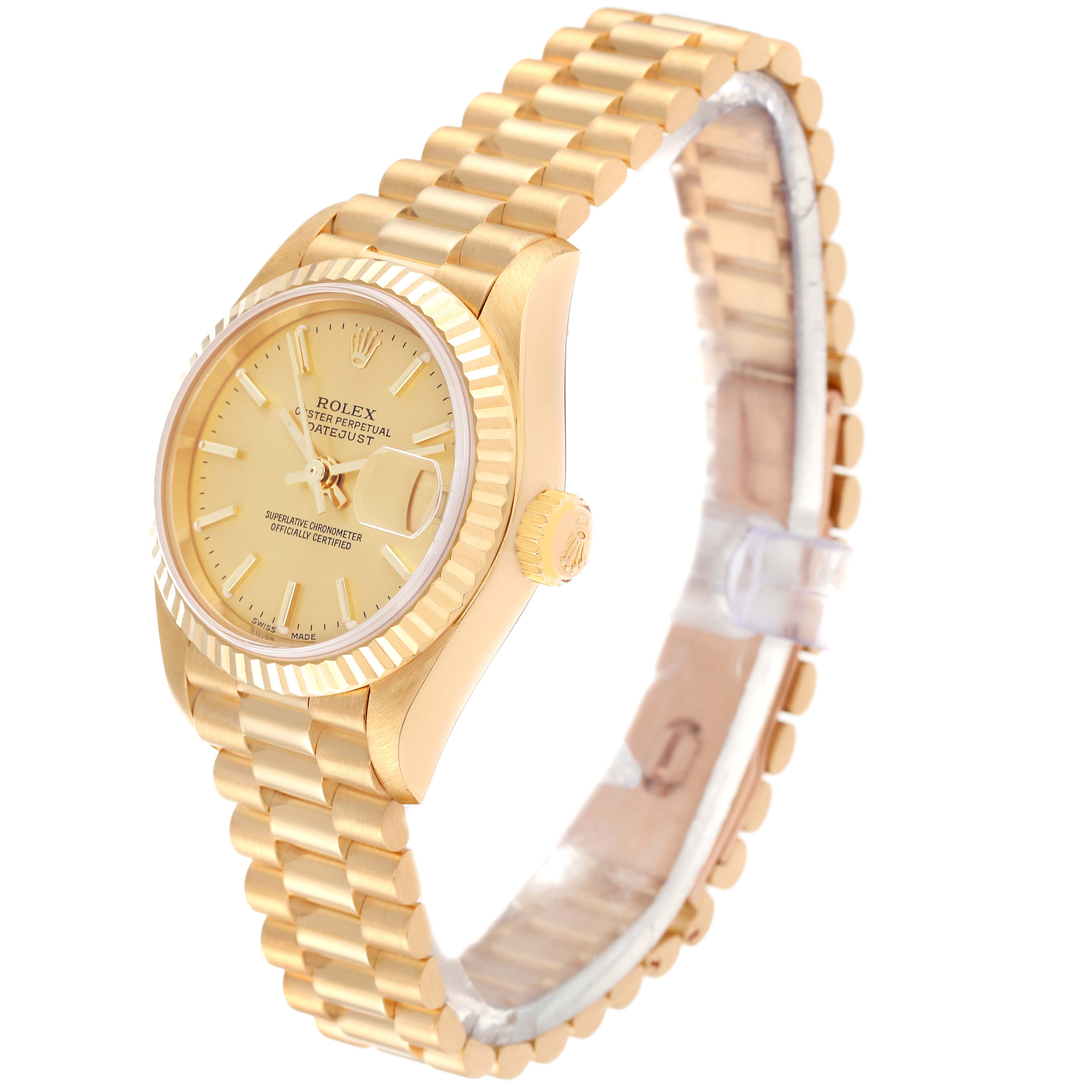 The Rolex President 79178 Women
s Yellow Gold Champagne Dial 79178 Women
s Yellow Gold Champagne Dial model watch is shown in a three-quarter angle, highlighting its gold bracelet, dial, bezel, and crown.