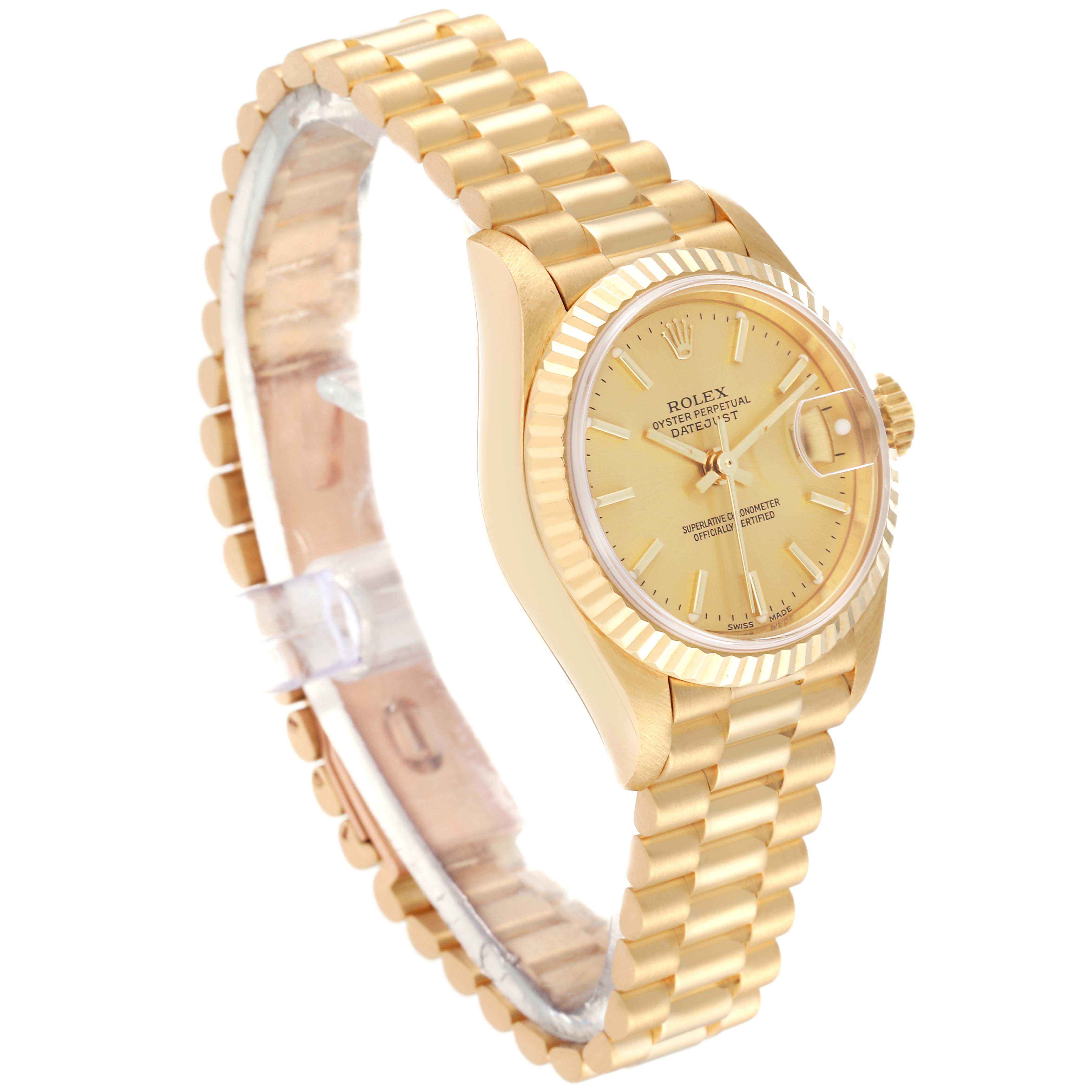 The image shows a side angle of a Rolex President 79178 Women
s Yellow Gold Champagne Dial 79178 Women
s Yellow Gold Champagne Dial model watch, highlighting the gold case, dial, and President bracelet.