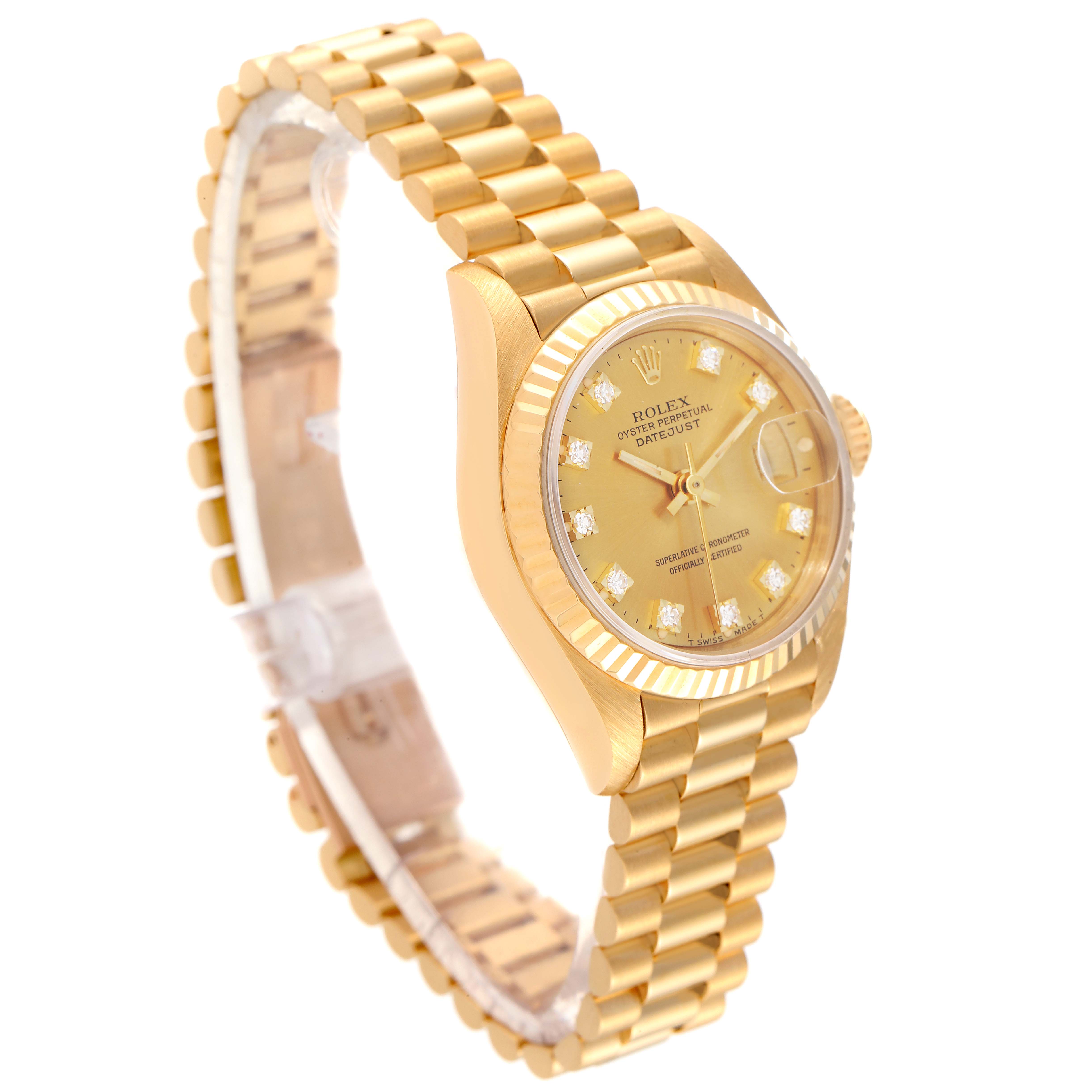 The image shows a Rolex President 69178 Women
s Yellow Gold Champagne Dial 69178 Women
s Yellow Gold Champagne Dial model watch, angled slightly to the right, displaying its gold band, case, and diamond-set dial.