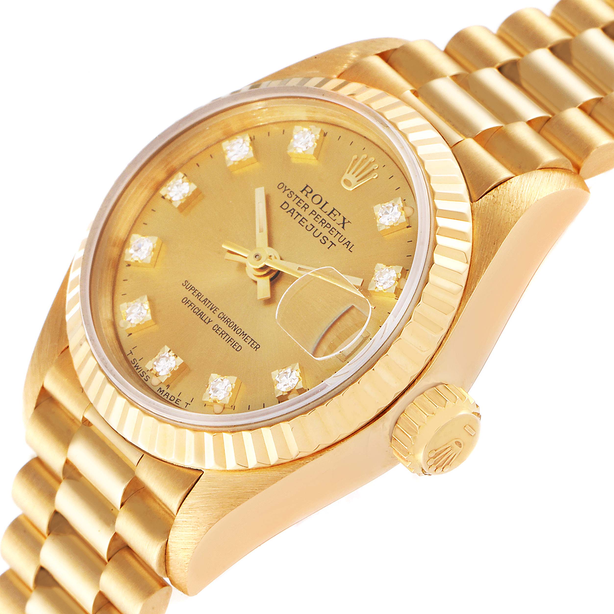 This image shows the Rolex President 69178 Women
s Yellow Gold Champagne Dial 69178 Women
s Yellow Gold Champagne Dial model from a top angle, highlighting its gold dial, diamond markers, fluted bezel, and bracelet.