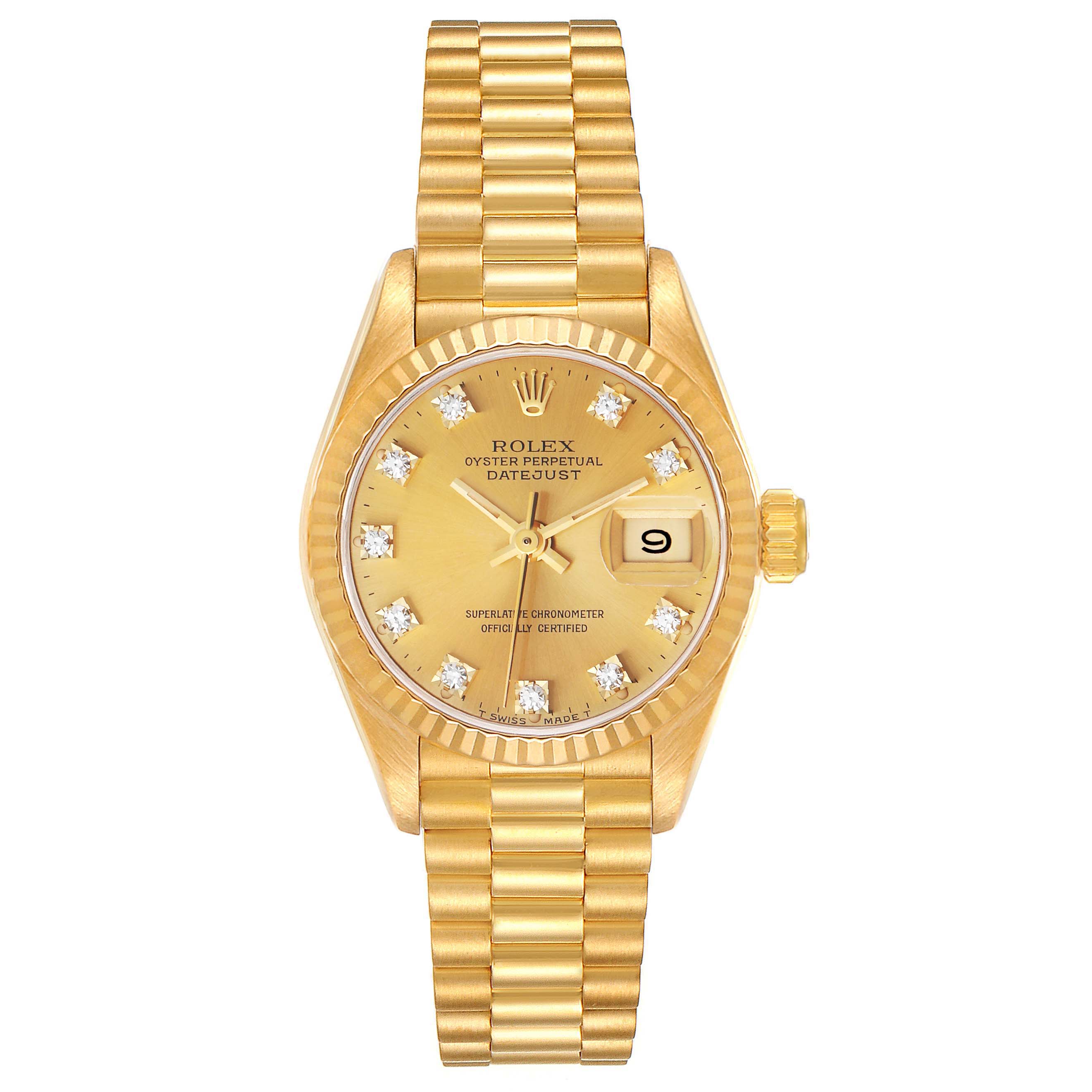 The image shows a front view of the Rolex President 69178 Women
s Yellow Gold Champagne Dial 69178 Women
s Yellow Gold Champagne Dial model watch, featuring the dial, date display, bezel, and bracelet.