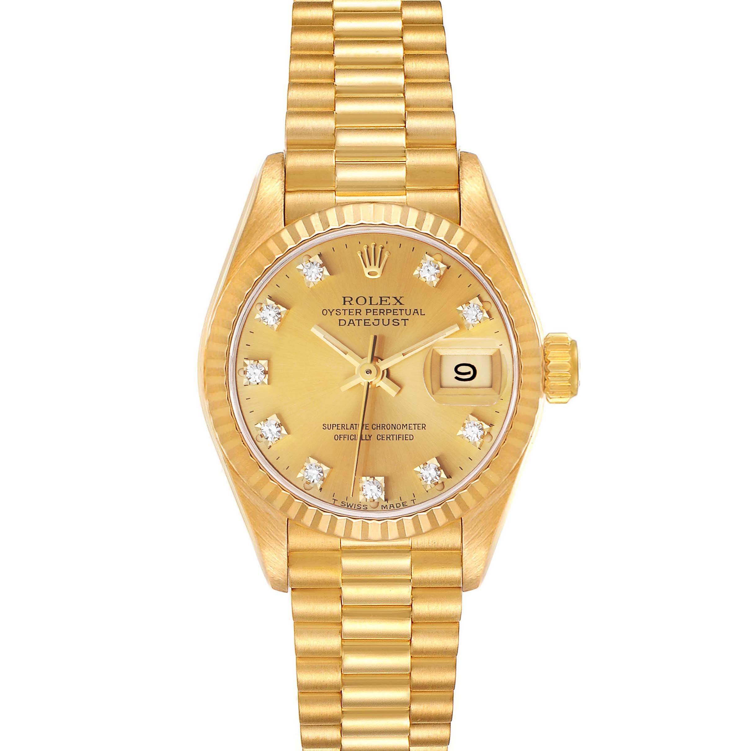 The image shows a front view of the Rolex President 69178 Women
s Yellow Gold Champagne Dial 69178 Women
s Yellow Gold Champagne Dial Day-Date watch, highlighting its dial, bezel, and bracelet.
