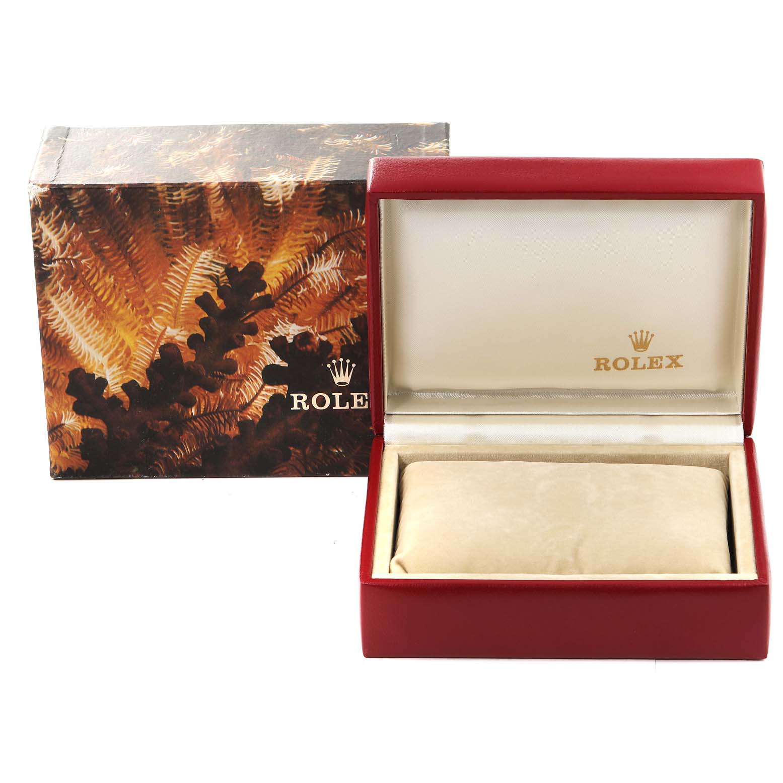 The image shows a Rolex watch box and outer packaging for the President model, with the watch not visible.