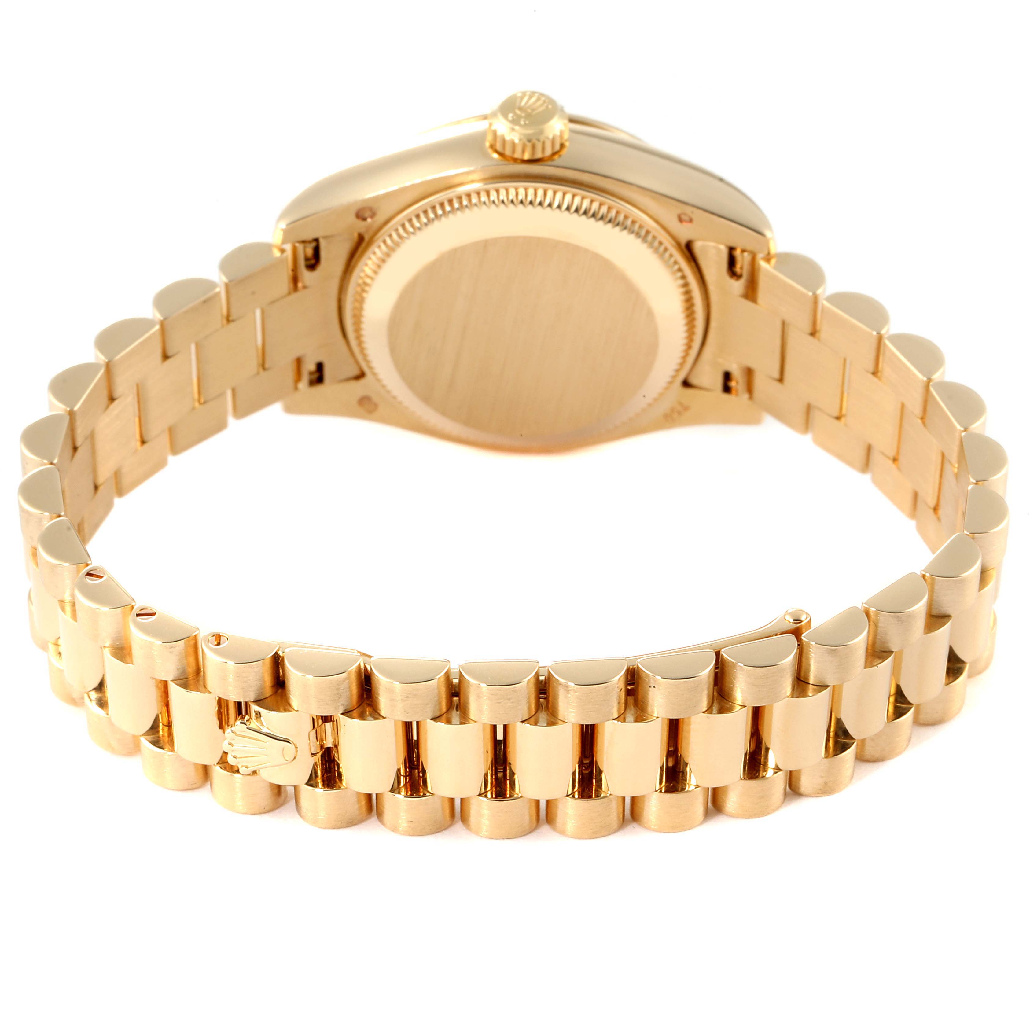 The image shows the back view of a Rolex President 179178 Women
s Yellow Gold Champagne Dial 179178 Women
s Yellow Gold Champagne Dial model watch, highlighting the watch case, crown, and bracelet.