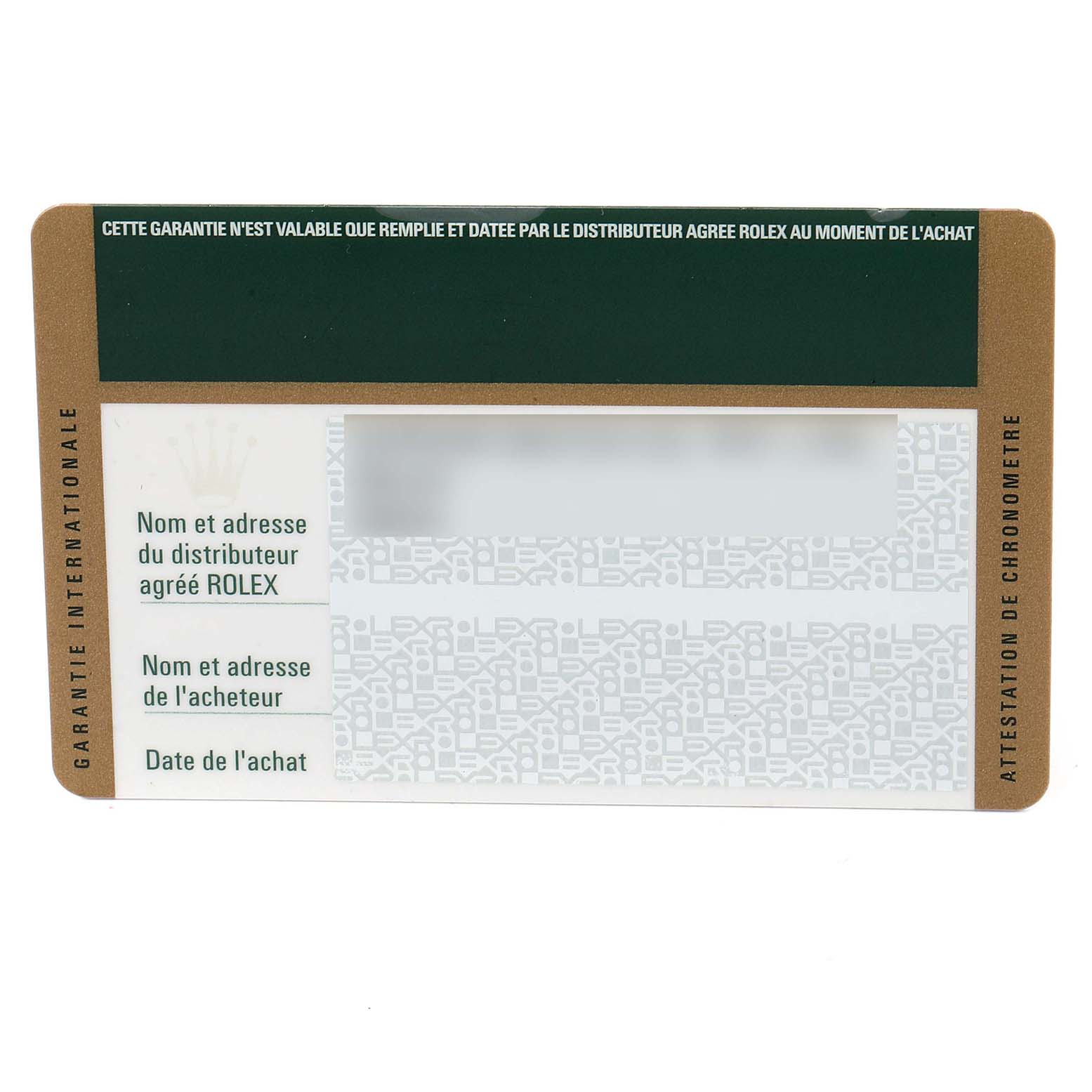 The image shows the guarantee/warranty card for a Rolex President 179178 Women
s Yellow Gold Champagne Dial 179178 Women
s Yellow Gold Champagne Dial model, detailing distributor and buyer information.