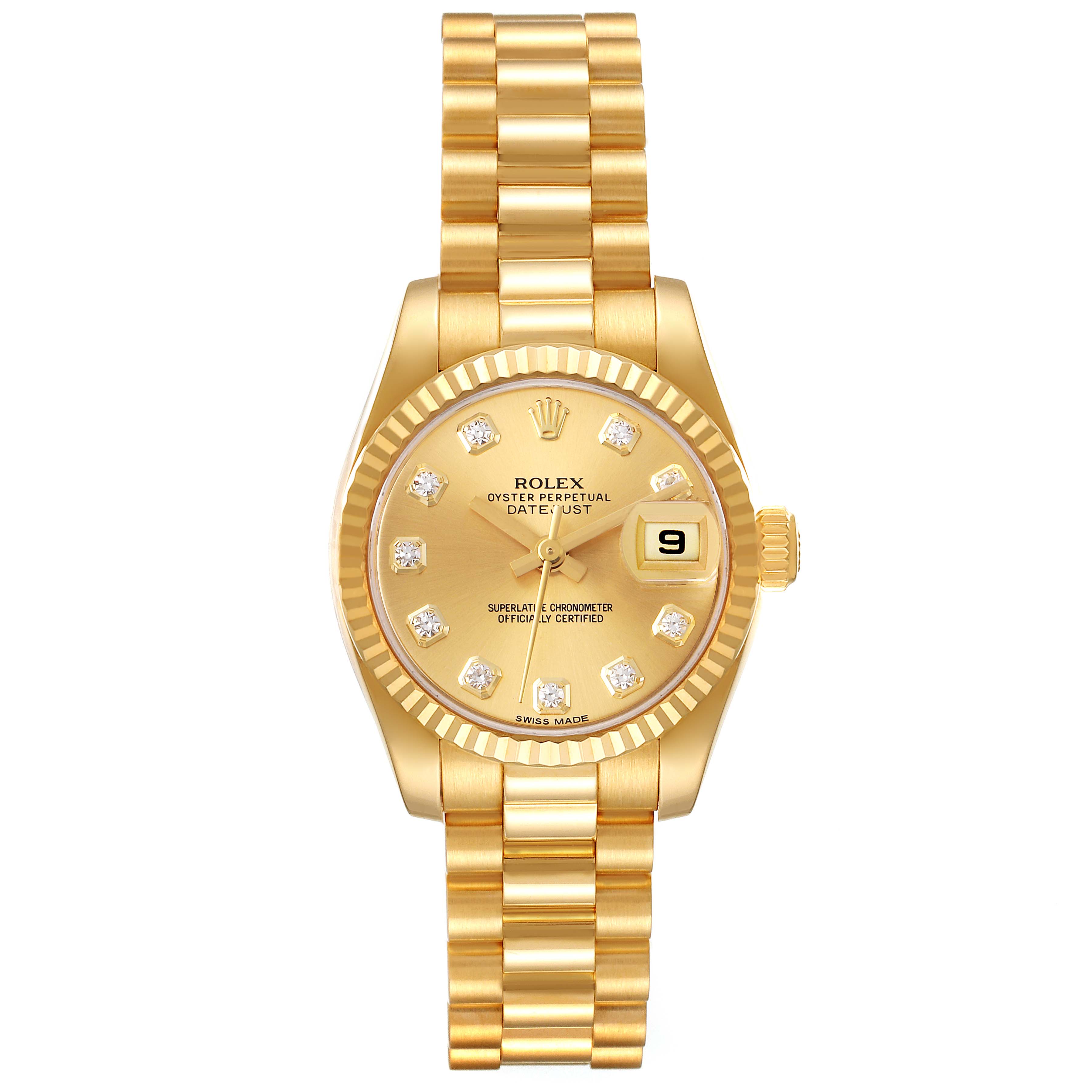 The image shows a front view of a Rolex President 179178 Women
s Yellow Gold Champagne Dial 179178 Women
s Yellow Gold Champagne Dial model with a gold band, gold dial, and date display.