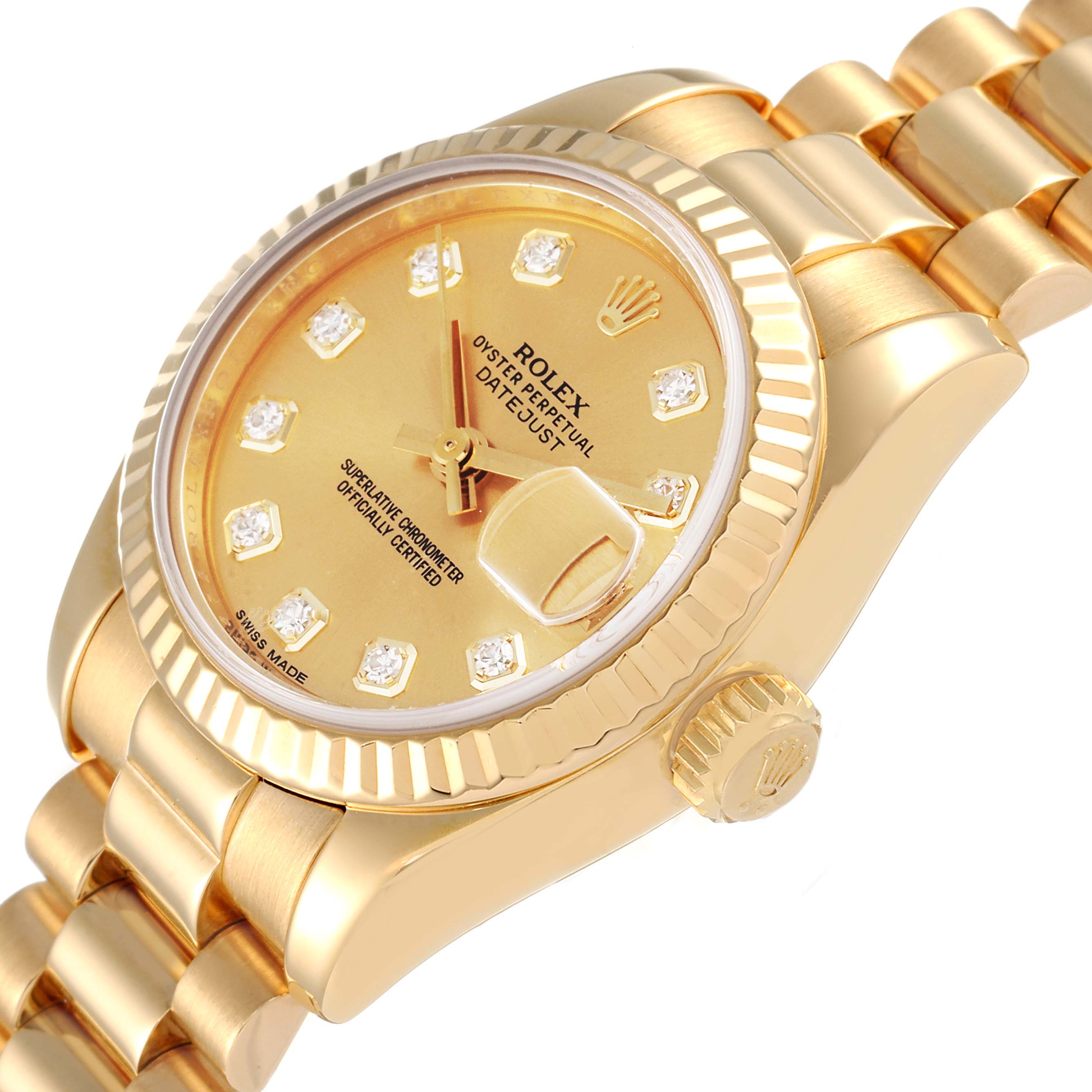 The image shows a close-up angle of the Rolex President 179178 Women
s Yellow Gold Champagne Dial 179178 Women
s Yellow Gold Champagne Dial model watch highlighting its dial, bezel, crown, and part of the bracelet.