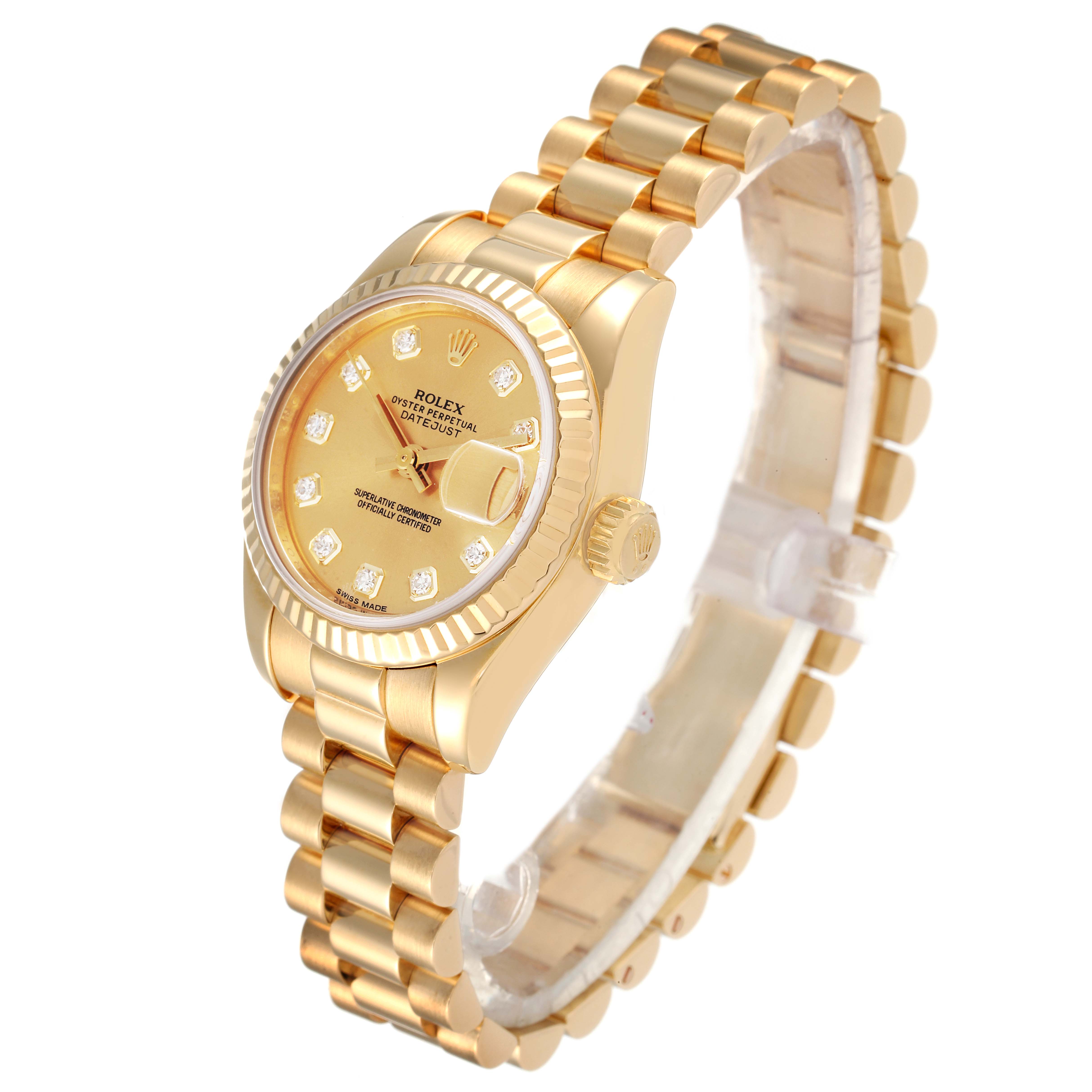 This image shows a side-angle view of a Rolex President 179178 Women
s Yellow Gold Champagne Dial 179178 Women
s Yellow Gold Champagne Dial watch, highlighting the dial, bezel, crown, and bracelet.