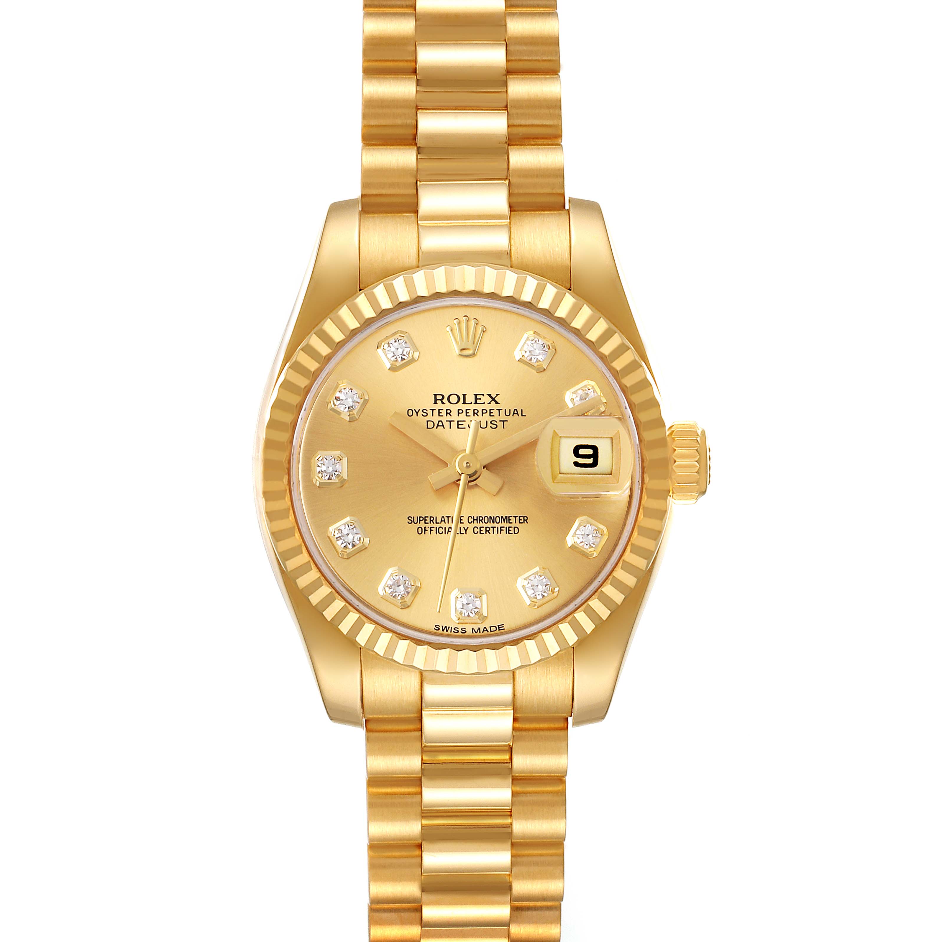 The image shows a frontal view of the gold Rolex President 179178 Women
s Yellow Gold Champagne Dial 179178 Women
s Yellow Gold Champagne Dial model watch, displaying the dial, bezel, and bracelet.