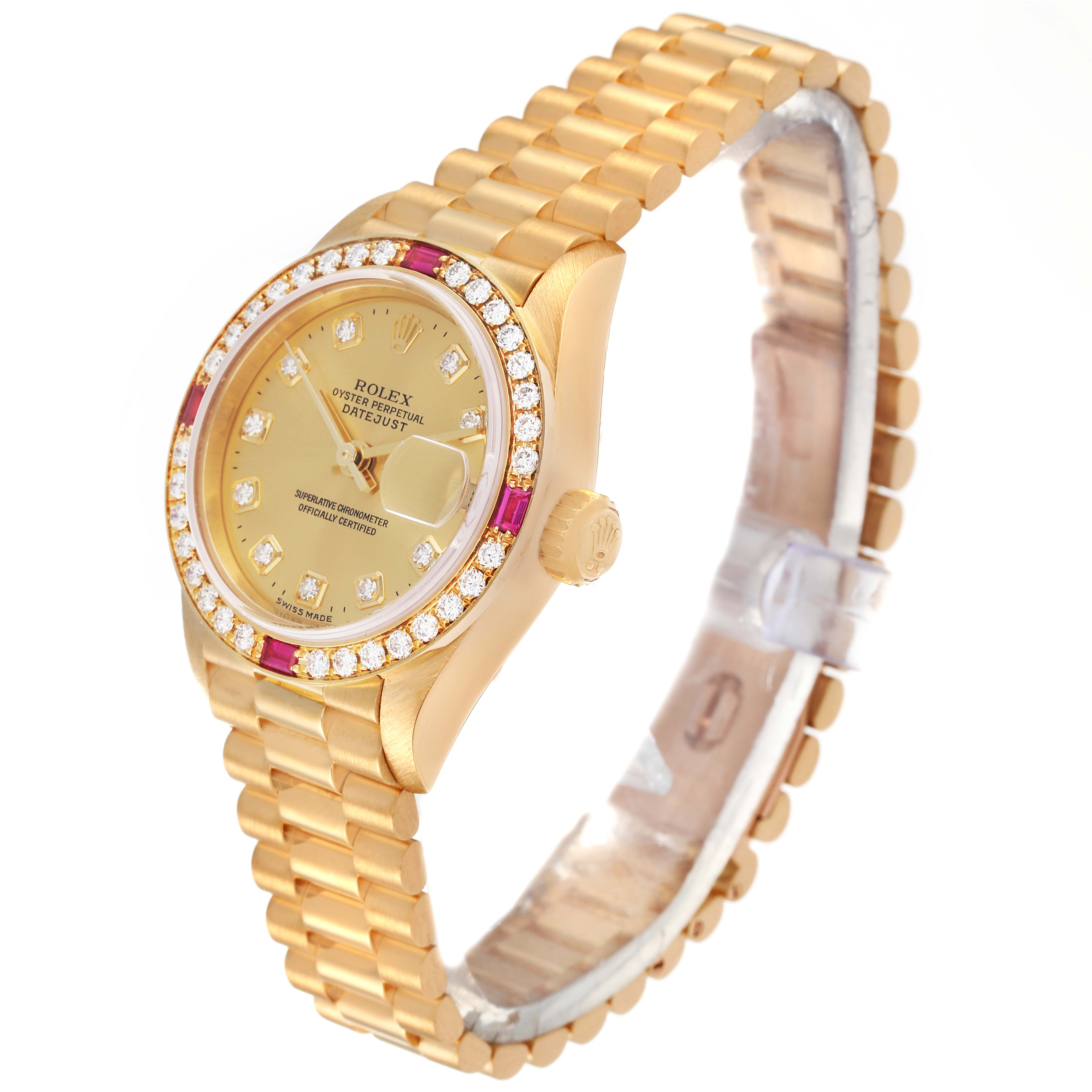 The image shows a Rolex President 79068 Women
s Yellow Gold Champagne Dial 79068 Women
s Yellow Gold Champagne Dial model watch at a 45-degree angle, highlighting the face, bezel, and bracelet.