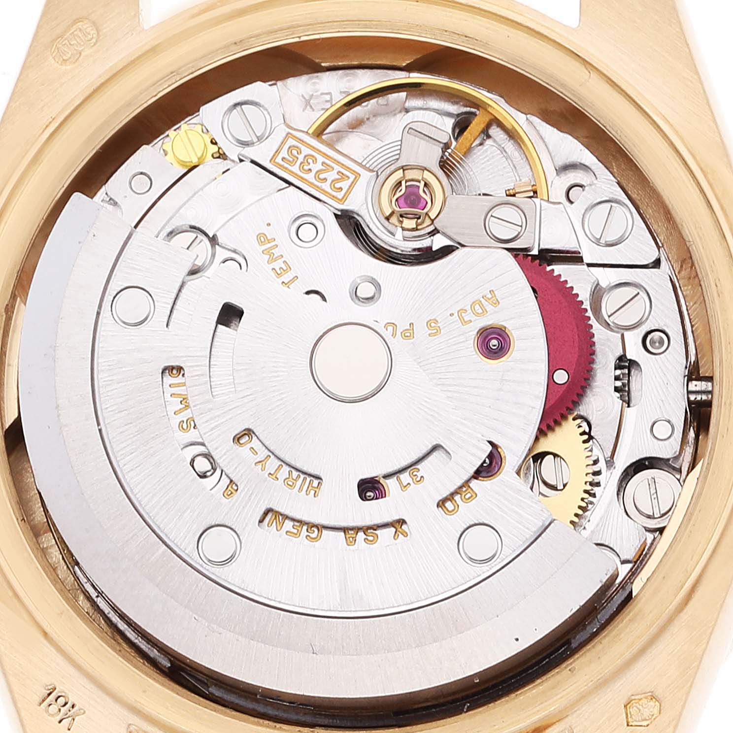 The image shows the movement mechanism of a Rolex President 79068 Women
s Yellow Gold Champagne Dial 79068 Women
s Yellow Gold Champagne Dial model watch from a top-down angle.