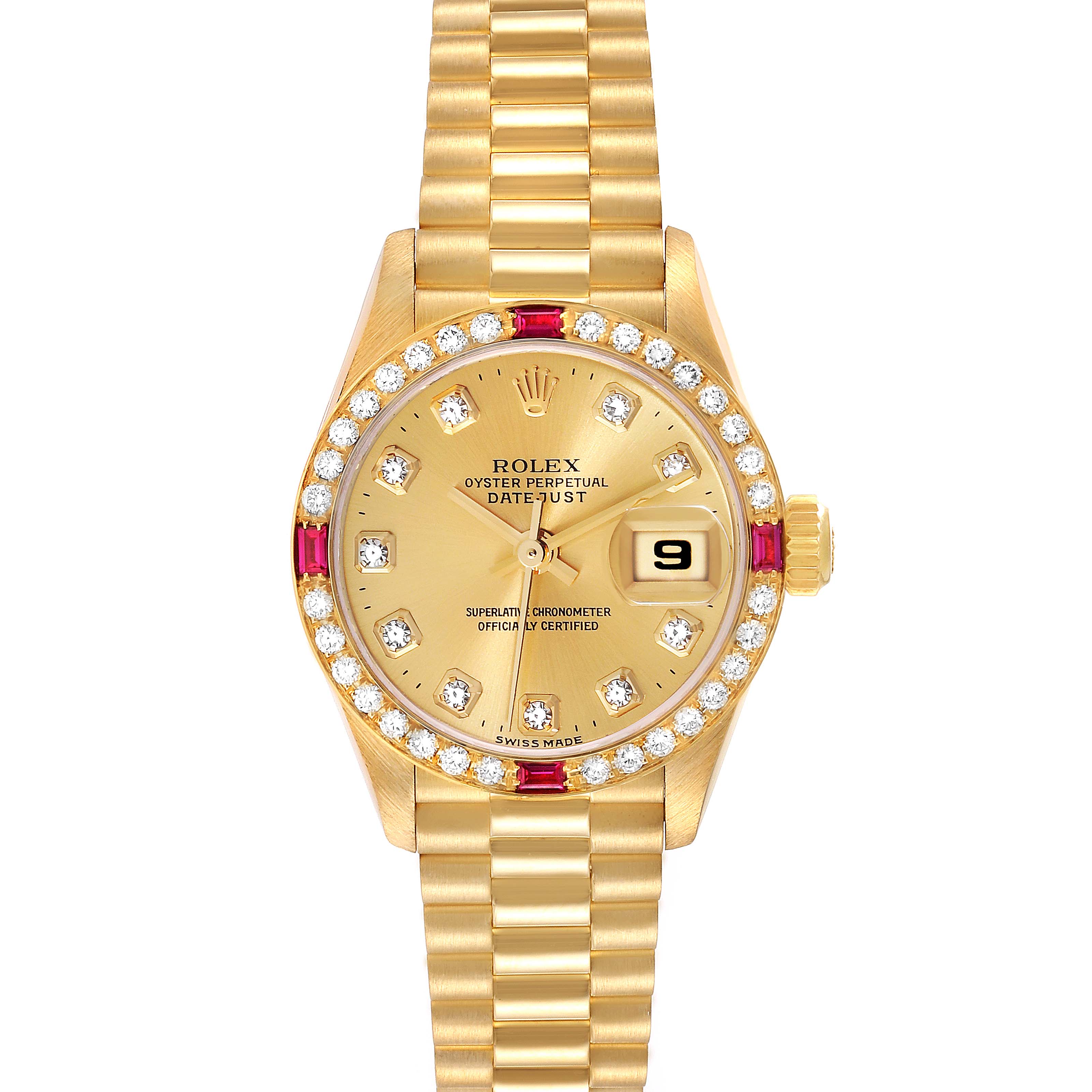 The image shows the face and bracelet of the Rolex President 79068 Women
s Yellow Gold Champagne Dial 79068 Women
s Yellow Gold Champagne Dial model, featuring a gold finish, diamond markers, and a date window.