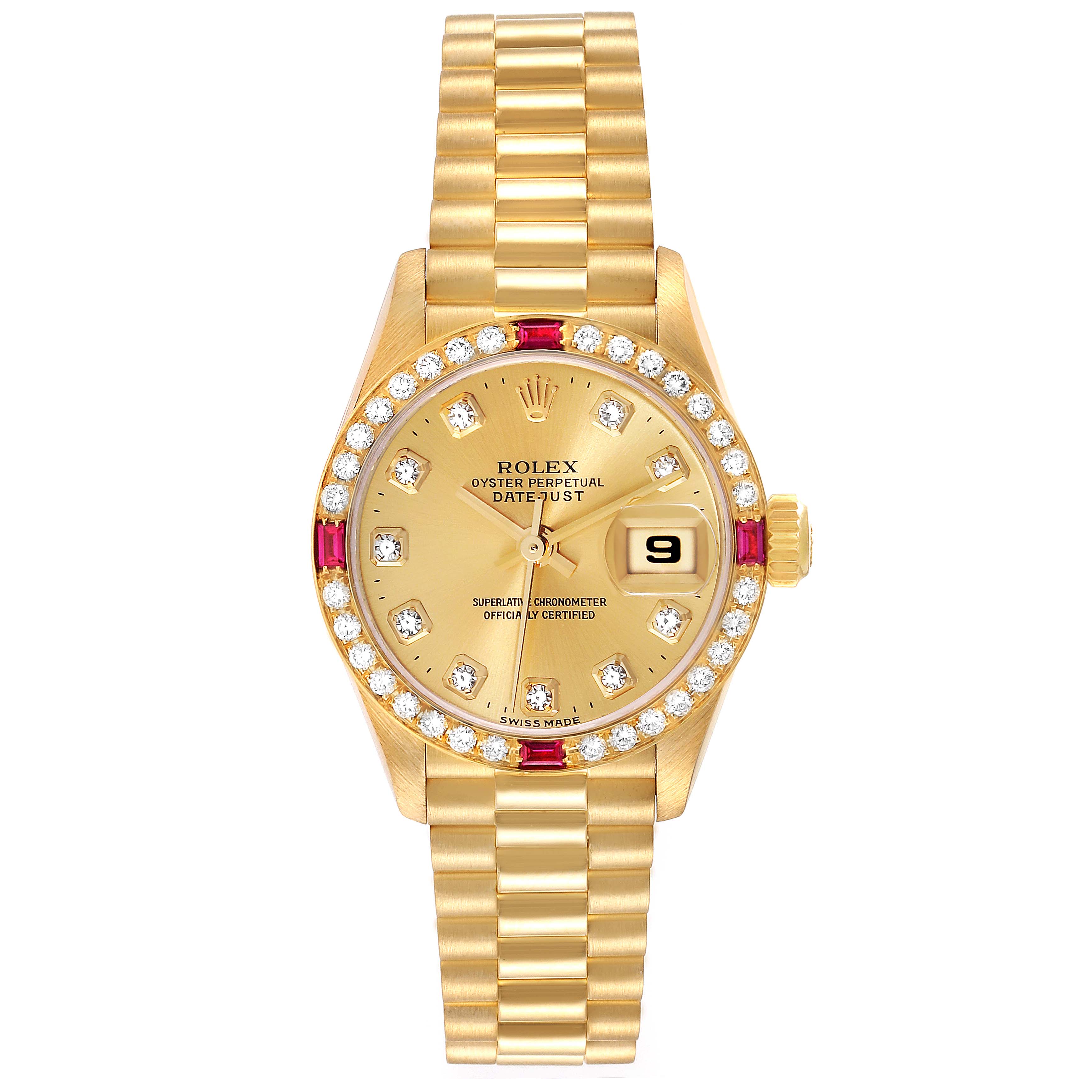 The image shows a front view of the Rolex President 79068 Women
s Yellow Gold Champagne Dial 79068 Women
s Yellow Gold Champagne Dial model watch, displaying its dial, bezel, and bracelet.
