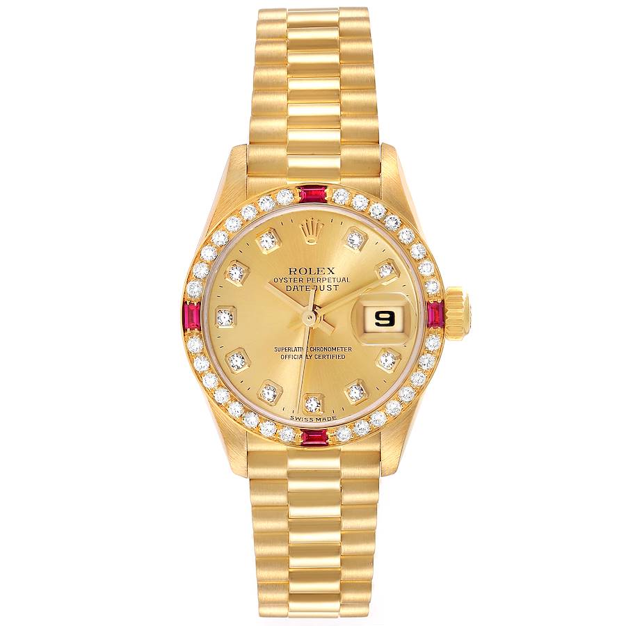 Rolex President Datejust Yellow Gold Diamond Ruby Ladies Watch 79068 SwissWatchExpo