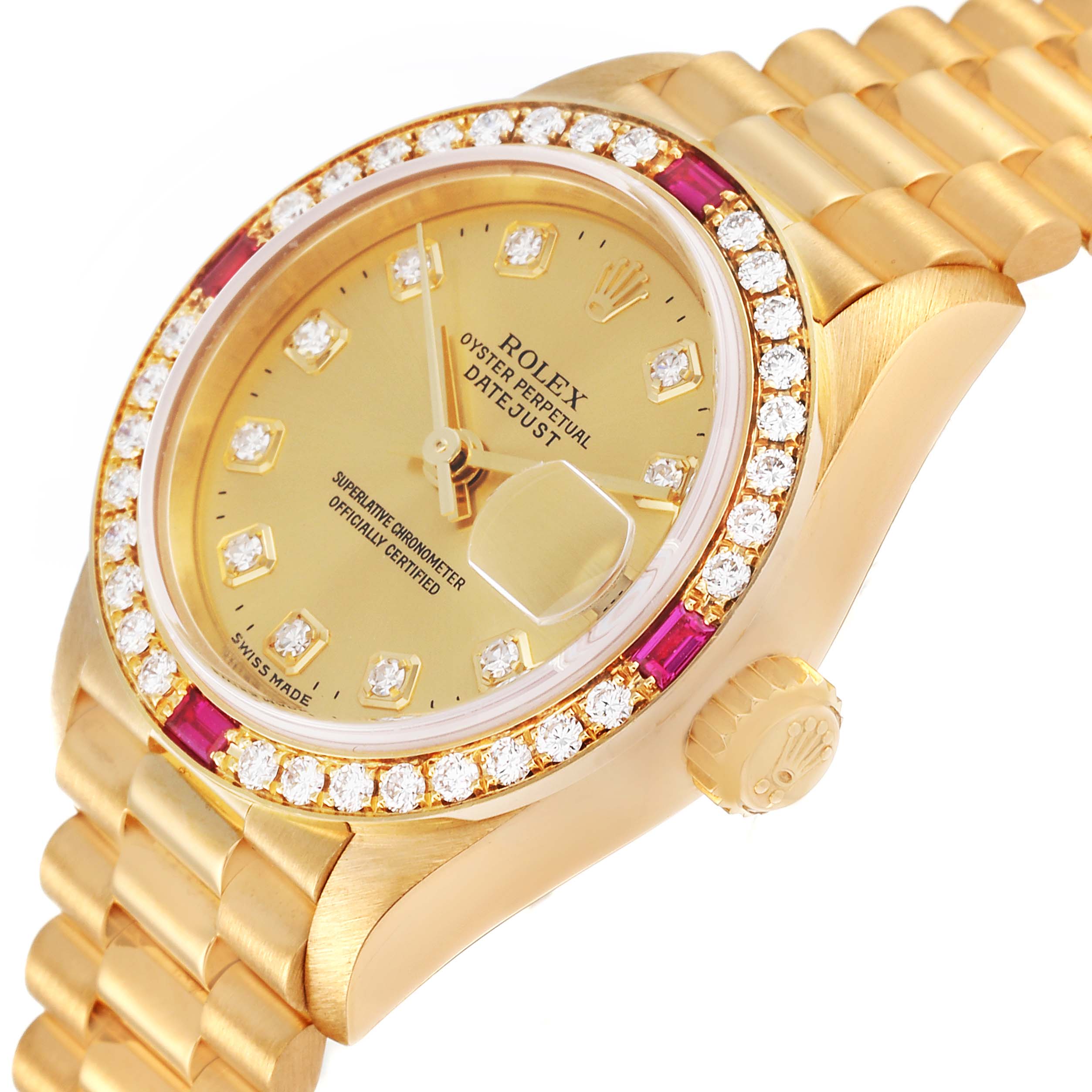 The image shows a Rolex President 79068 Women
s Yellow Gold Champagne Dial 79068 Women
s Yellow Gold Champagne Dial model watch from a side angle, highlighting its gold bracelet, diamond-studded bezel, and gold dial.