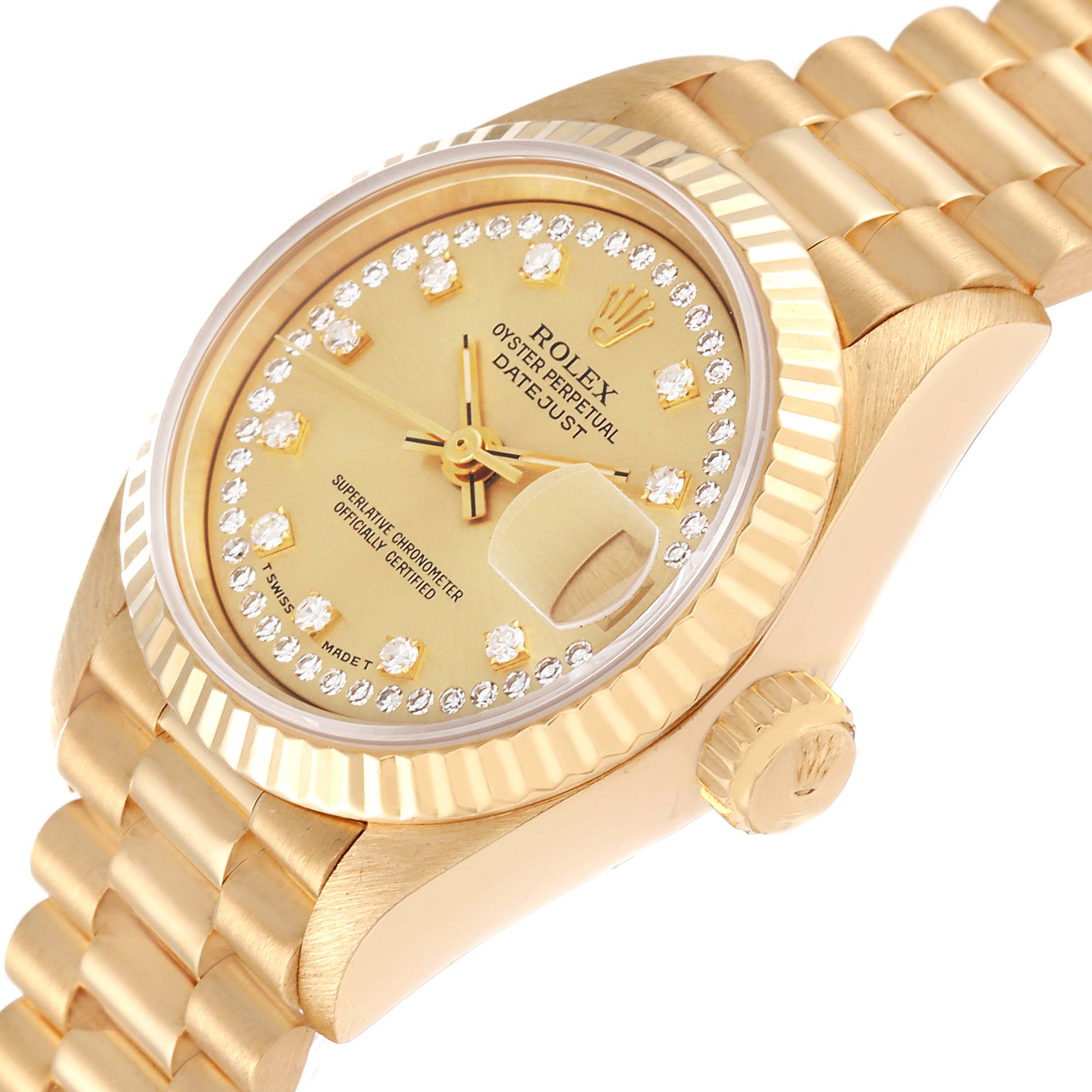 This image shows a close-up, angled view of the Rolex President 69178 Women
s Yellow Gold Champagne Dial 69178 Women
s Yellow Gold Champagne Dial model, highlighting the dial, bezel, and part of the bracelet.