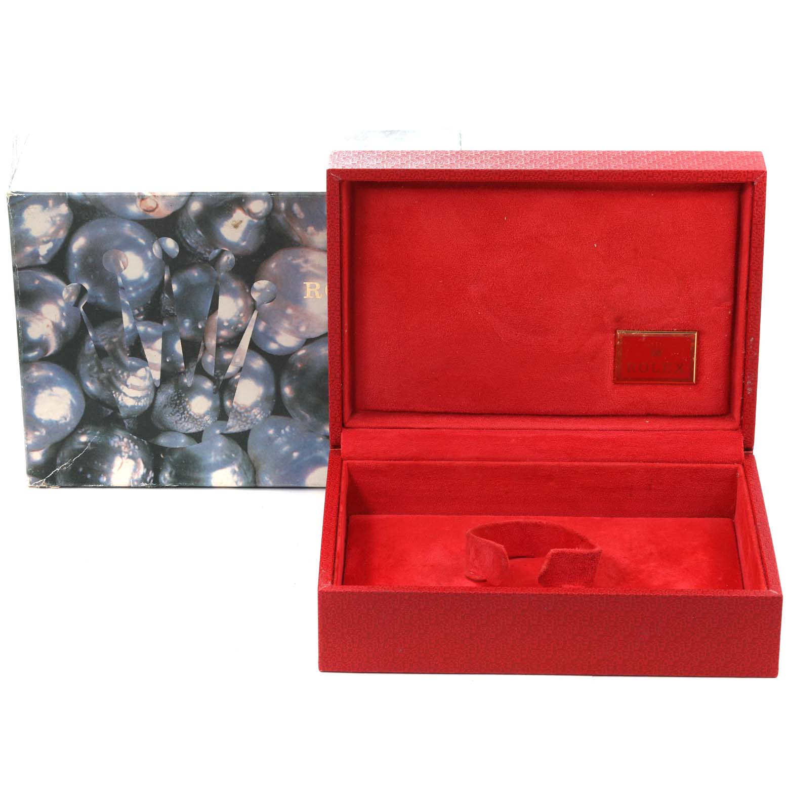 This image shows an open red watch box for a Rolex President 69178 Women
s Yellow Gold Champagne Dial 69178 Women
s Yellow Gold Champagne Dial model, alongside its outer packaging.