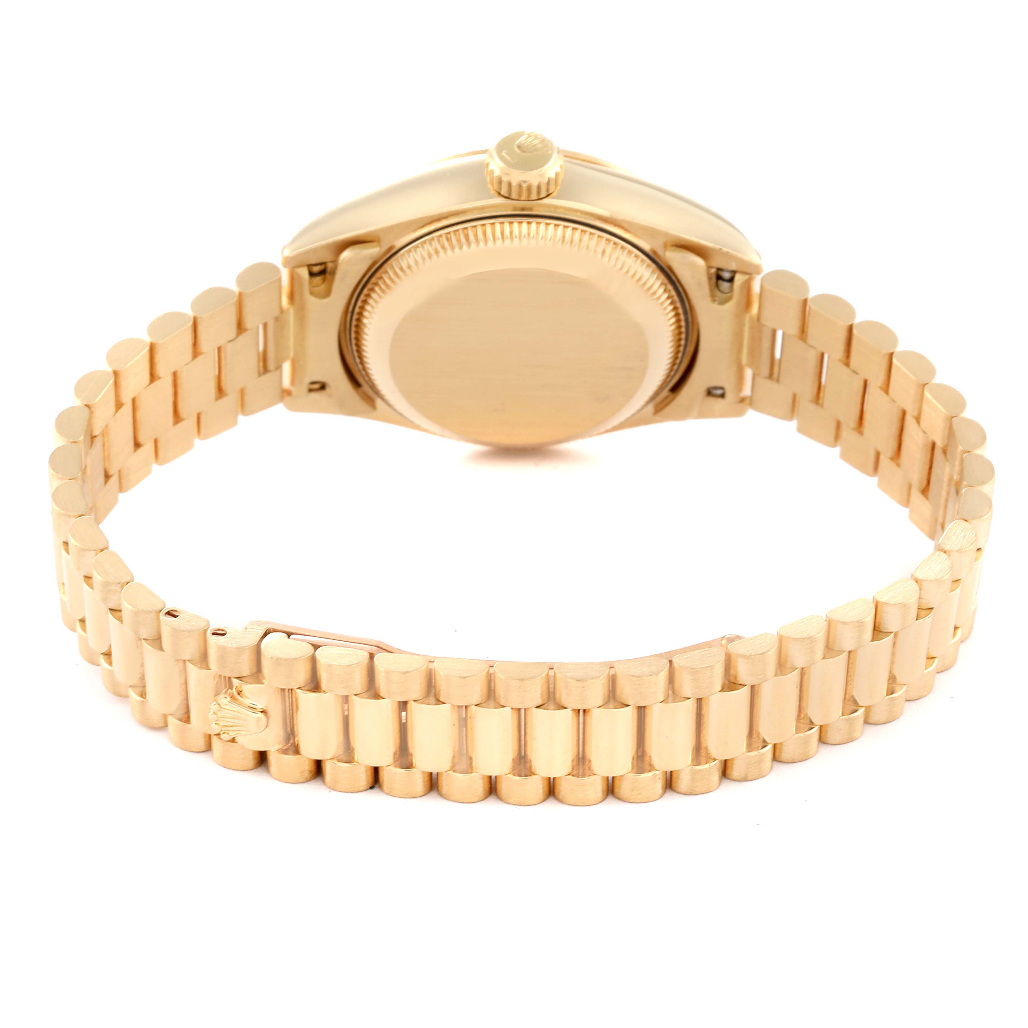 This image shows the back view of the Rolex President 69178 Women
s Yellow Gold Champagne Dial 69178 Women
s Yellow Gold Champagne Dial model watch, highlighting the bracelet and clasp.