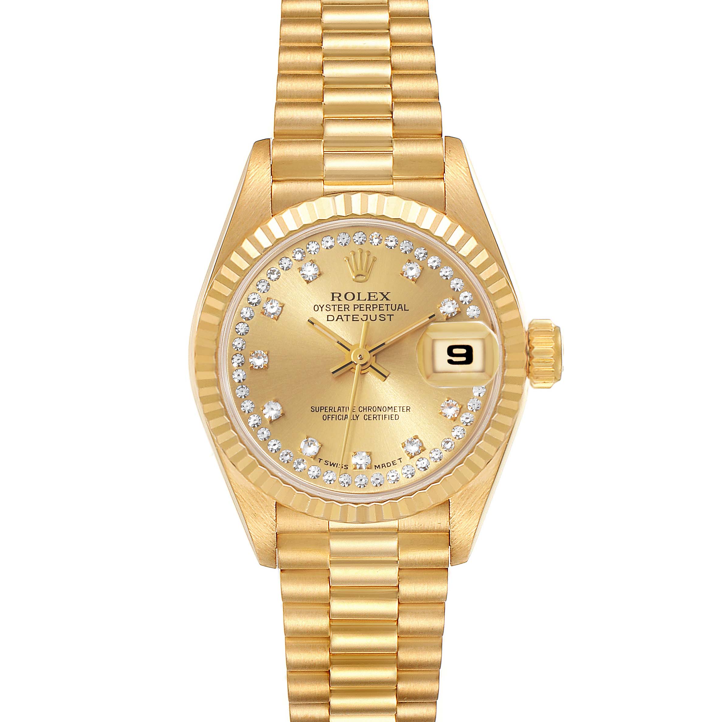 The image shows a front view of a Rolex President 69178 Women
s Yellow Gold Champagne Dial 69178 Women
s Yellow Gold Champagne Dial model watch, displaying its gold bracelet, dial, and date window.