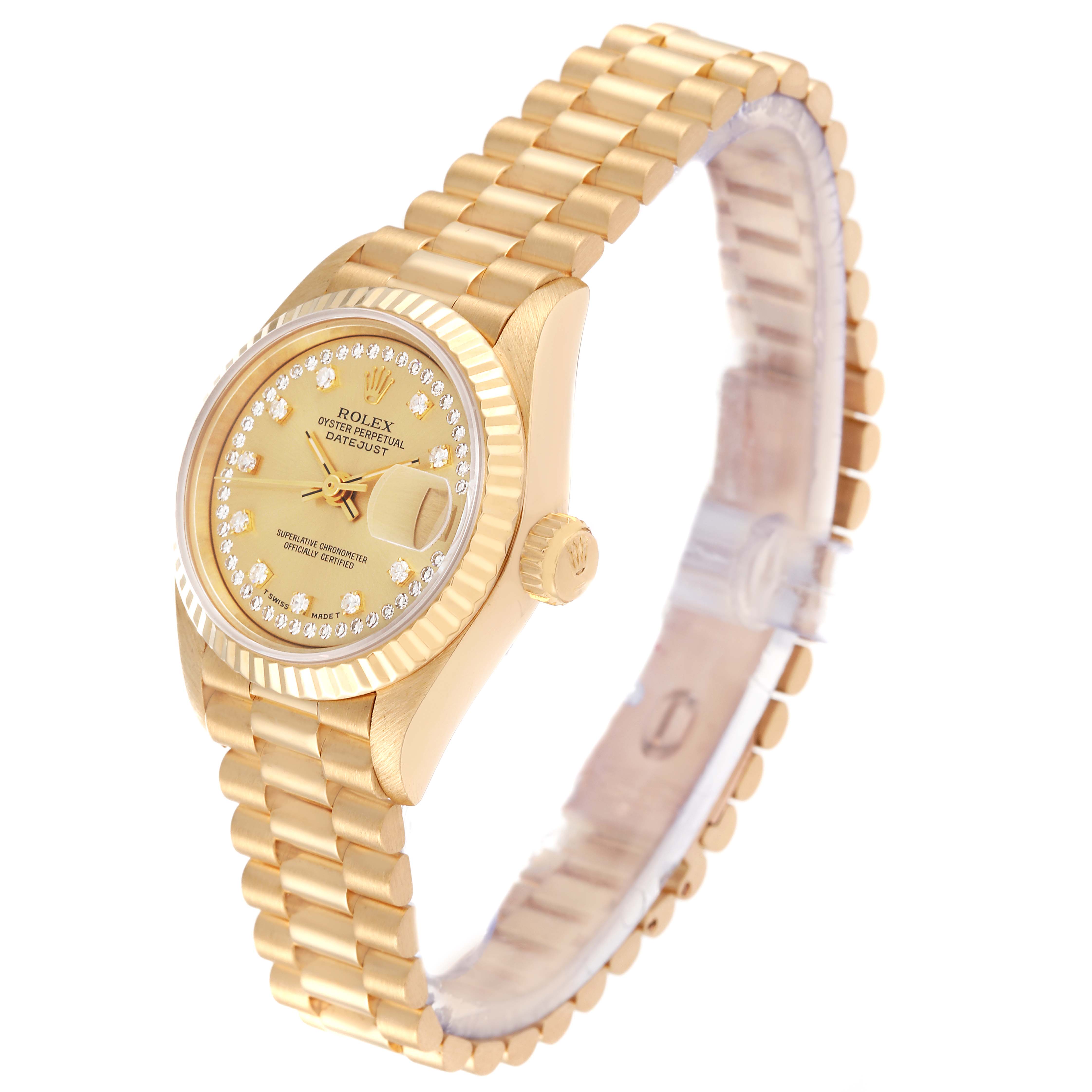 This image shows a Rolex President 69178 Women
s Yellow Gold Champagne Dial 69178 Women
s Yellow Gold Champagne Dial model watch at a right-front angle, highlighting its dial, crown, and bracelet.