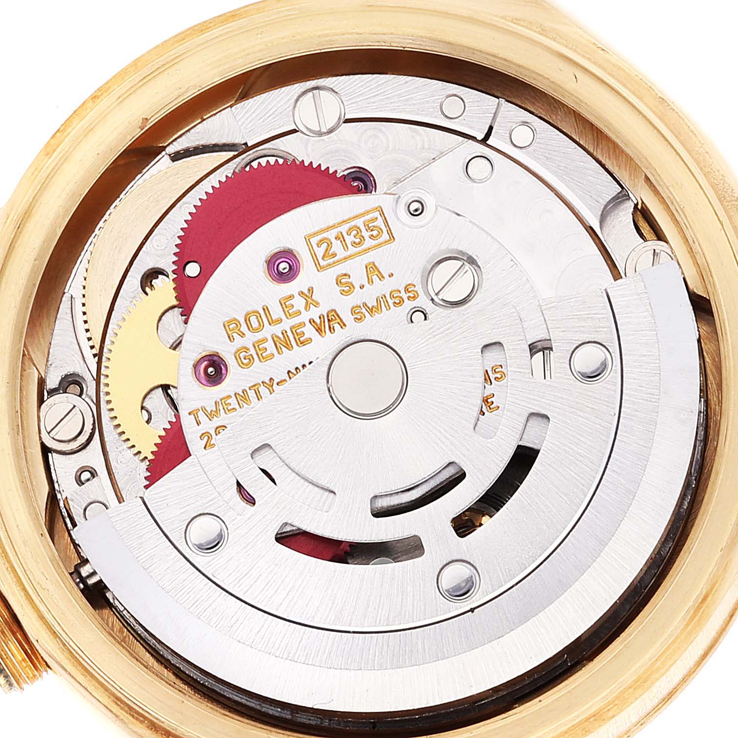 This image shows the detailed inner mechanical components of a Rolex President 69178 Women
s Yellow Gold Champagne Dial 69178 Women
s Yellow Gold Champagne Dial model watch from a close-up angle.