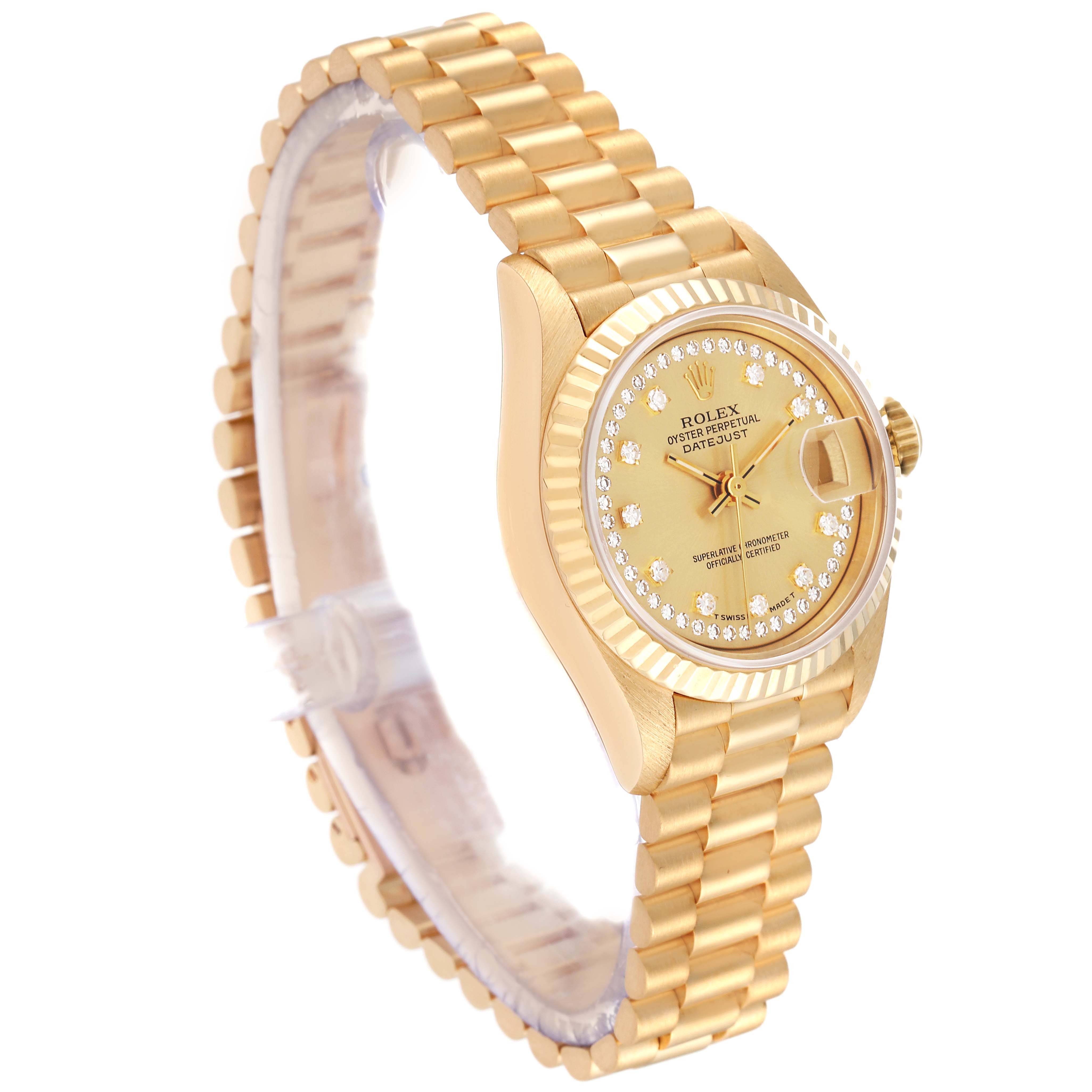 The image shows a side angle of a Rolex President 69178 Women
s Yellow Gold Champagne Dial 69178 Women
s Yellow Gold Champagne Dial model watch, highlighting its bracelet, dial, and crown.