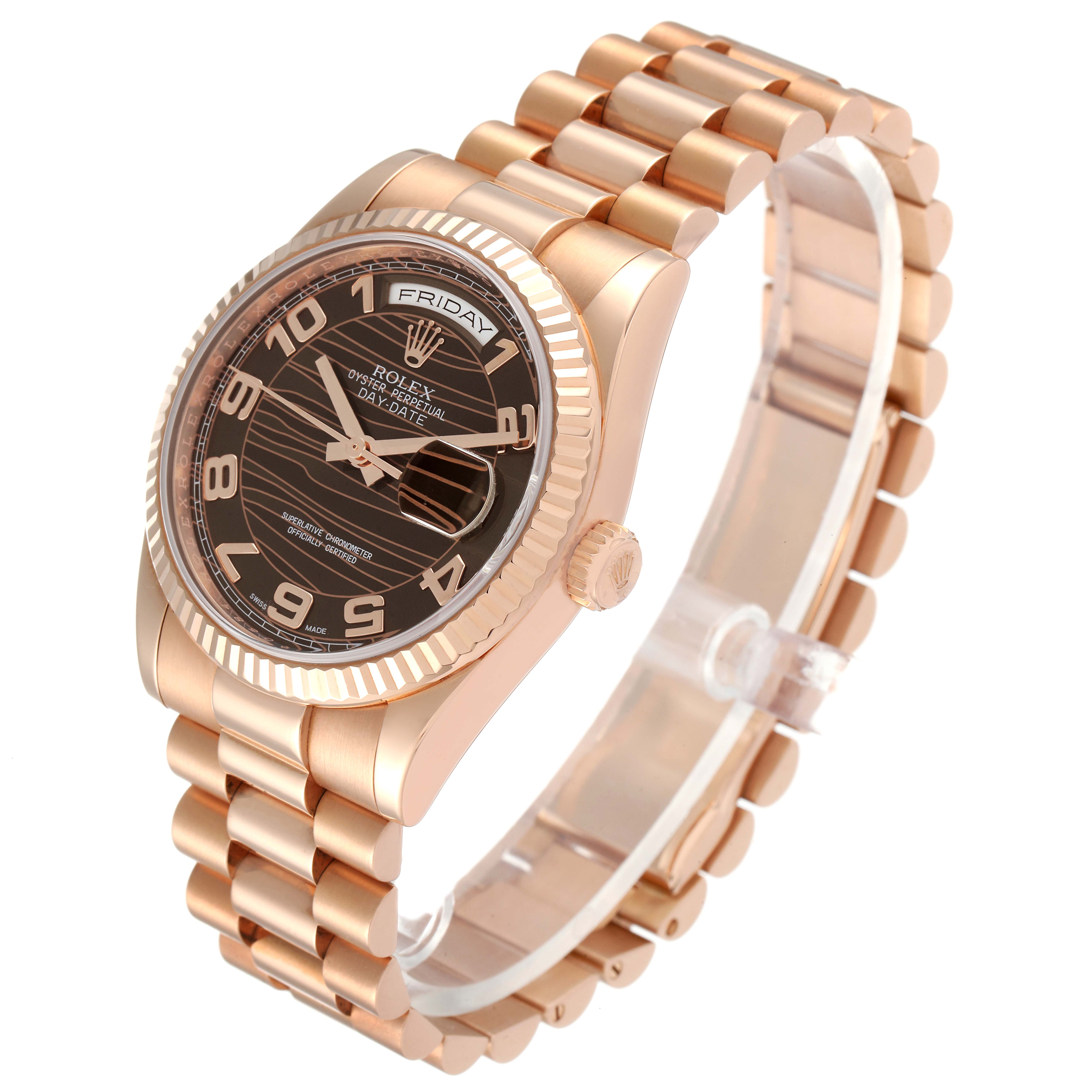The image shows a side angle of the Rolex President 118235 Men's Rose Gold Brown Dial 118235 Men's Rose Gold Brown Dial model watch, displaying its dial, bezel, and bracelet.