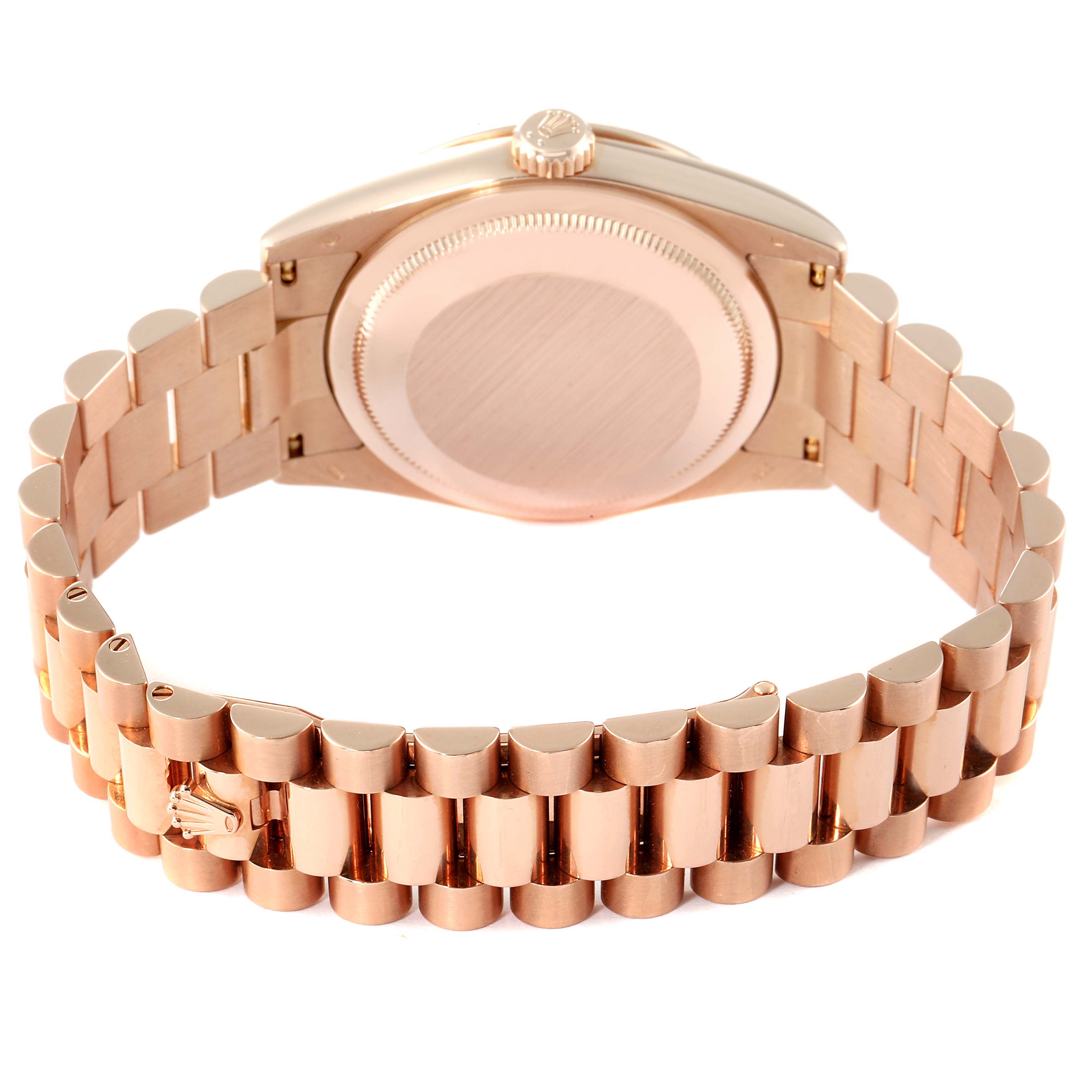 The image shows the back case and bracelet of a Rolex President 118235 Men's Rose Gold Brown Dial 118235 Men's Rose Gold Brown Dial watch, viewed from the rear.
