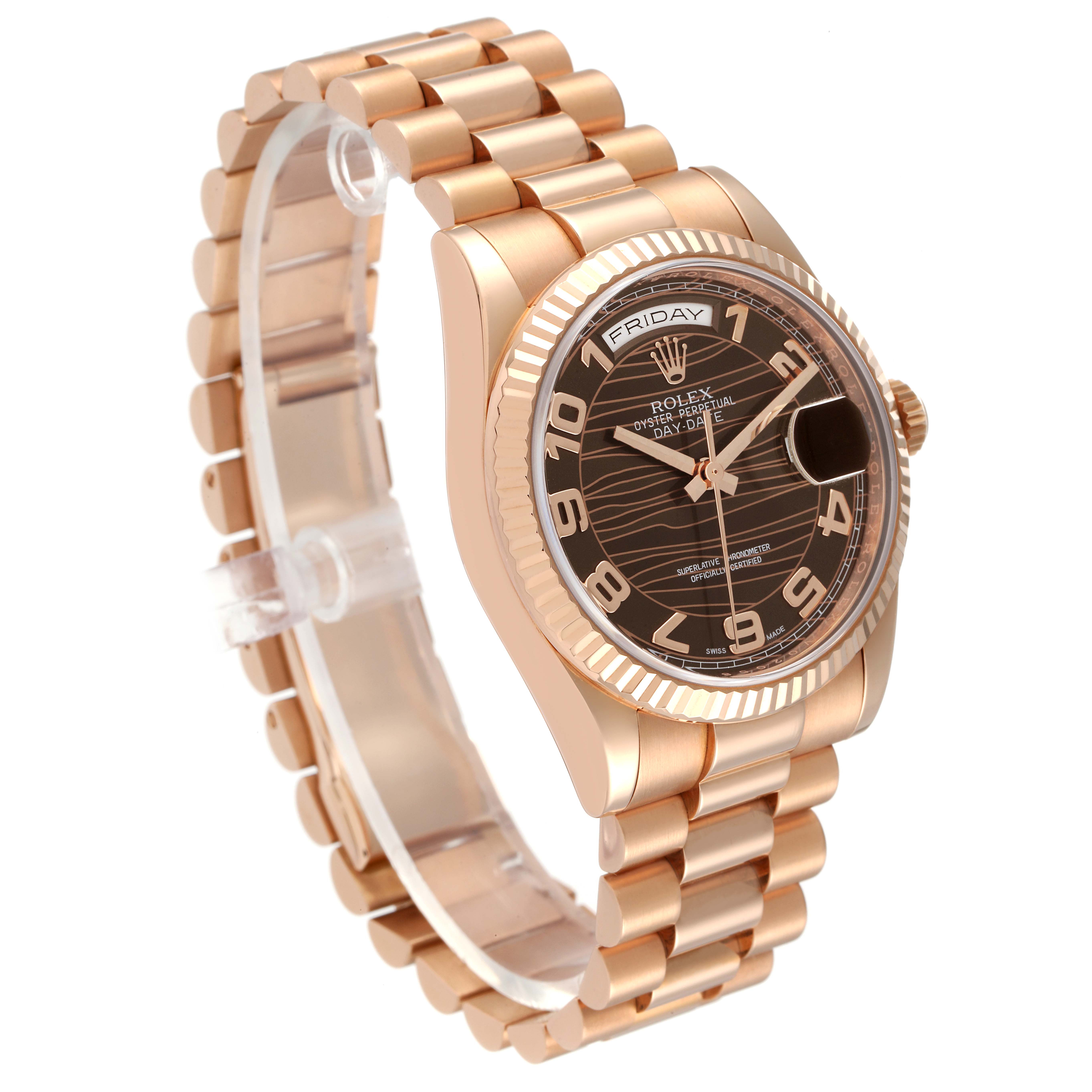 This image shows the Rolex President 118235 Men's Rose Gold Brown Dial 118235 Men's Rose Gold Brown Dial model watch from a three-quarter angle, highlighting its face, bezel, bracelet, and winder.