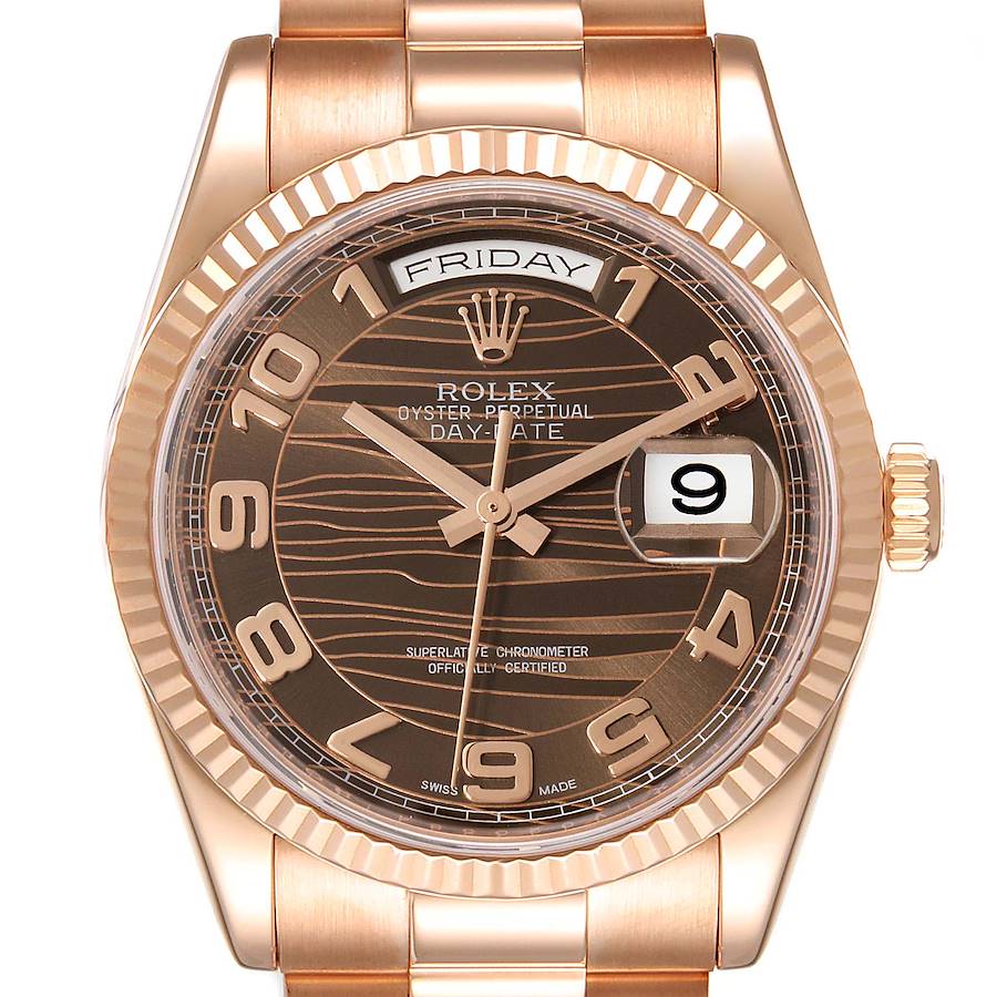 Rolex President Day Date 36 Everose Gold Brown Wave Dial Mens Watch 118235 SwissWatchExpo