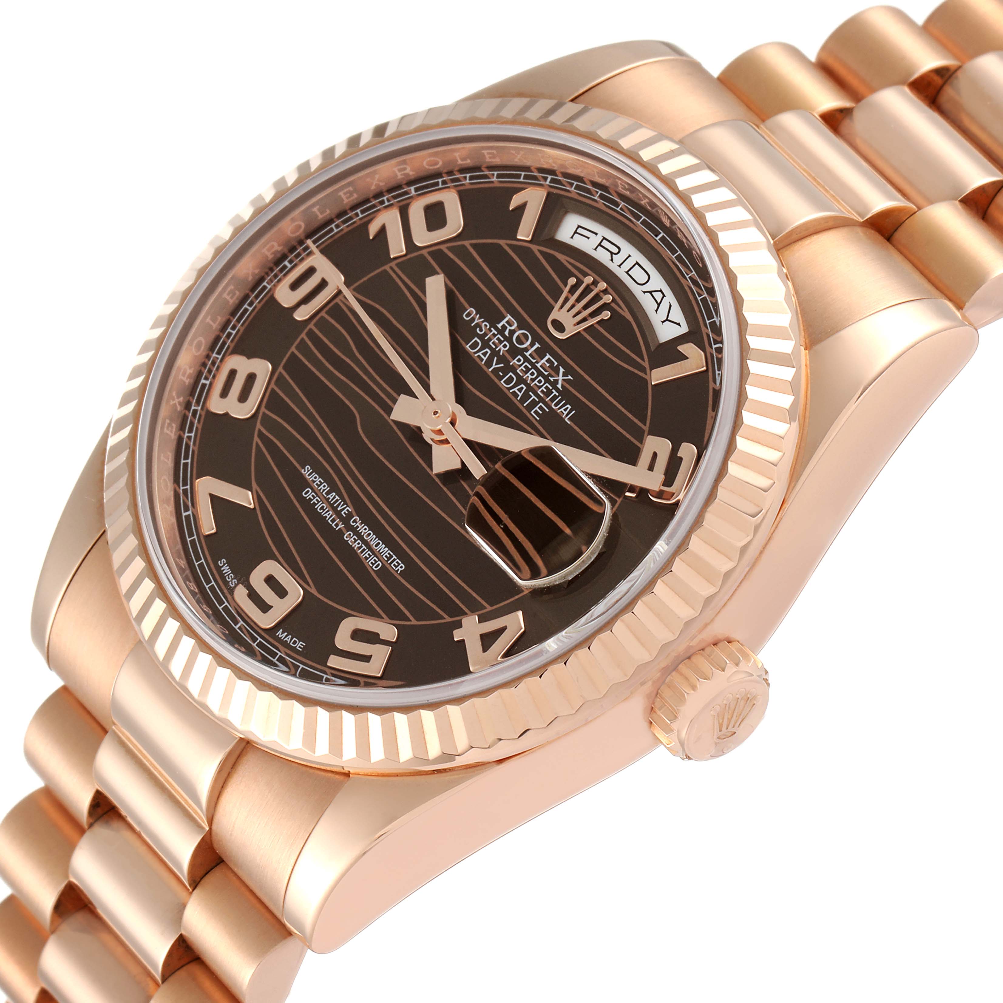 The image shows a Rolex President 118235 Men's Rose Gold Brown Dial 118235 Men's Rose Gold Brown Dial model watch at a slight angle, highlighting the dial, date window, fluted bezel, and President bracelet.