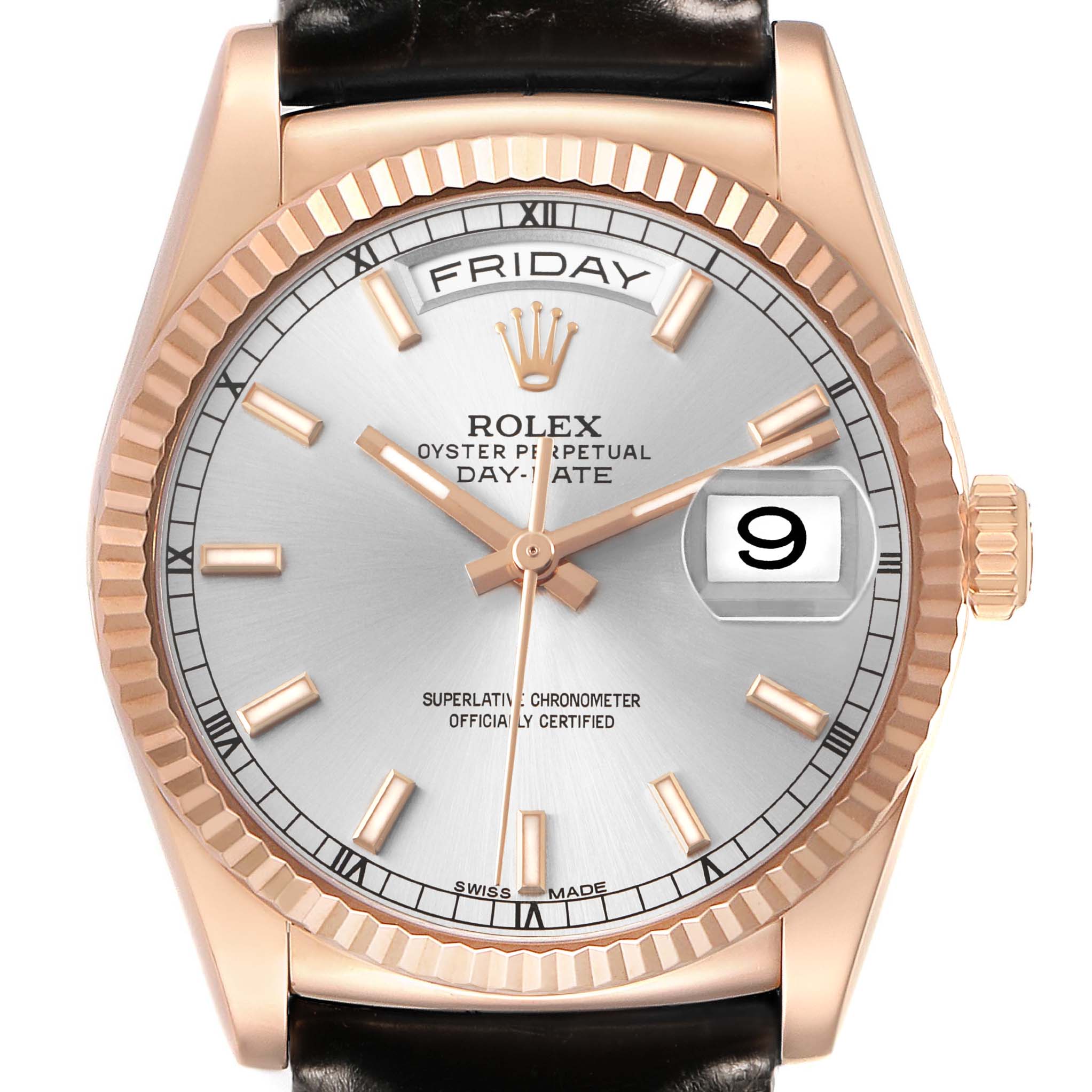 The Rolex President 118135 Men's Rose Gold Silver Dial model is shown from the front, highlighting the dial, day-date display, and fluted bezel.