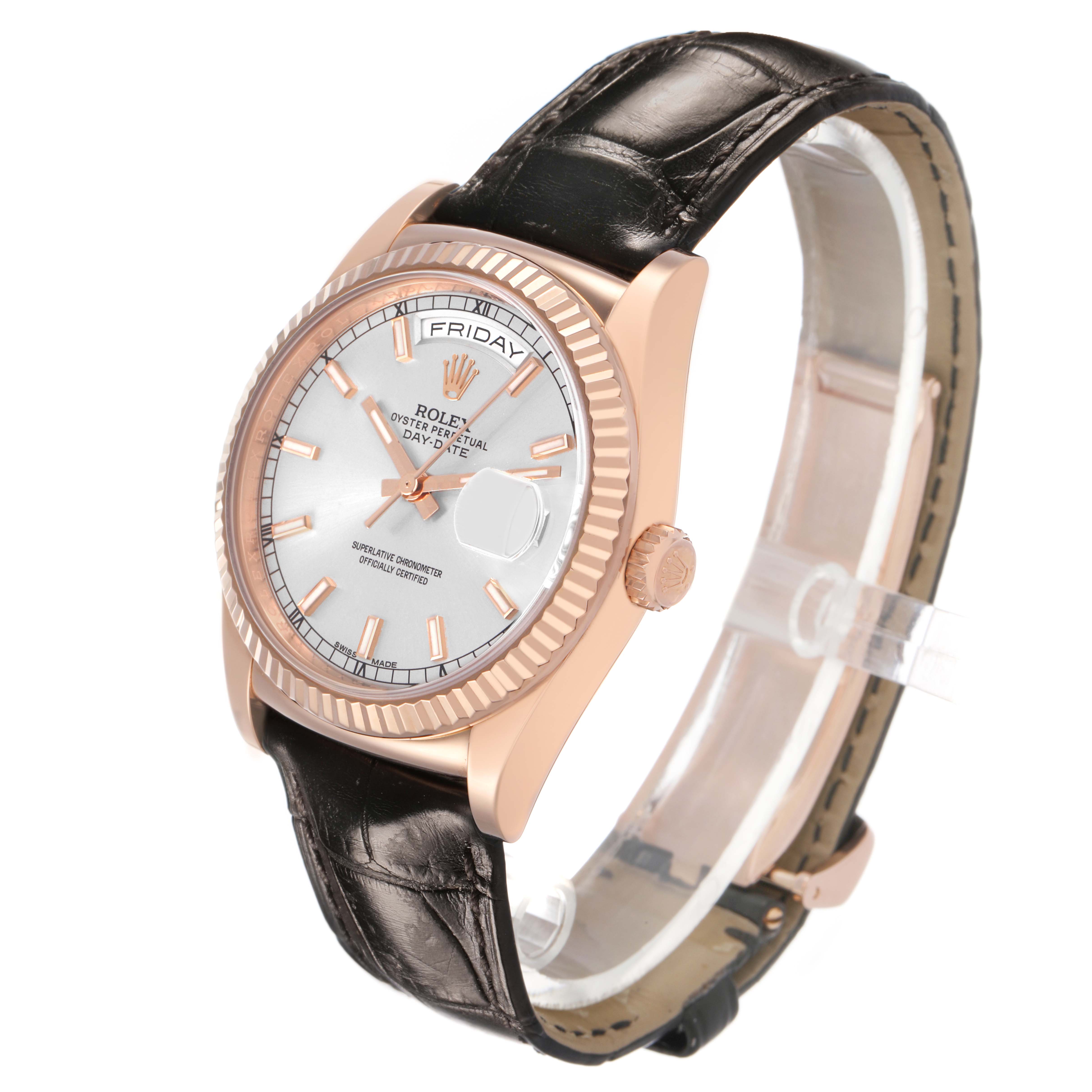 The Rolex President 118135 Men's Rose Gold Silver Dial watch is shown at a three-quarter angle, displaying its face, bezel, crown, and leather strap.