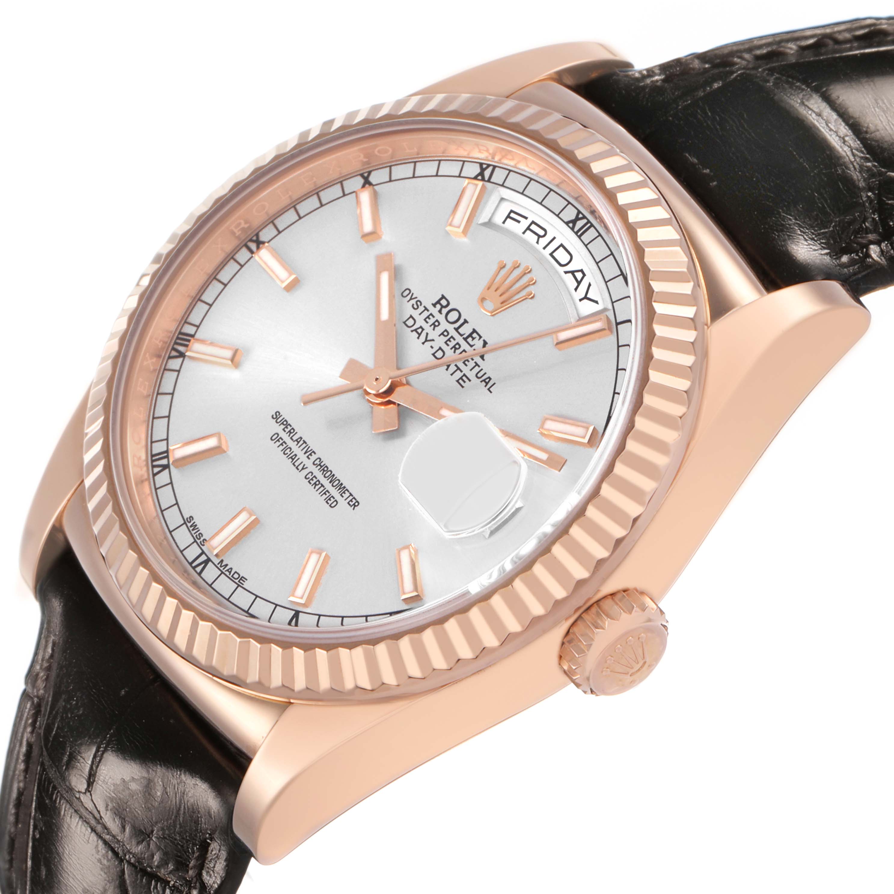 The Rolex President 118135 Men's Rose Gold Silver Dial model is shown at an oblique angle, displaying the face, bezel, and part of the strap.
