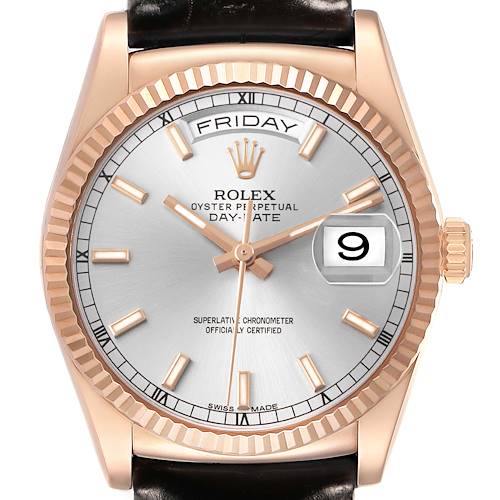 The Rolex President 118135 Men's Rose Gold Silver Dial watch is shown from the front, featuring its dial, fluted bezel, day, and date windows.