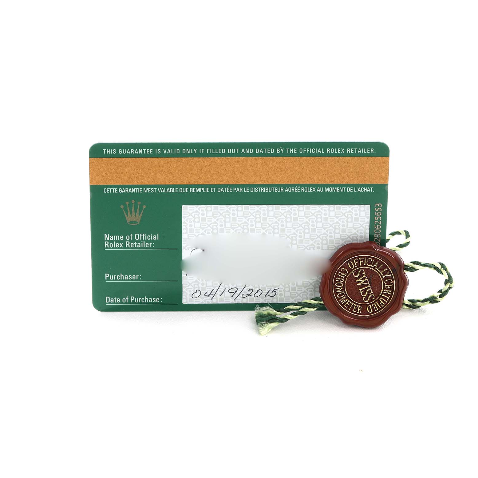 The image shows a warranty card with a red Rolex seal for the Rolex President 118135 Men's Rose Gold Silver Dial model.
