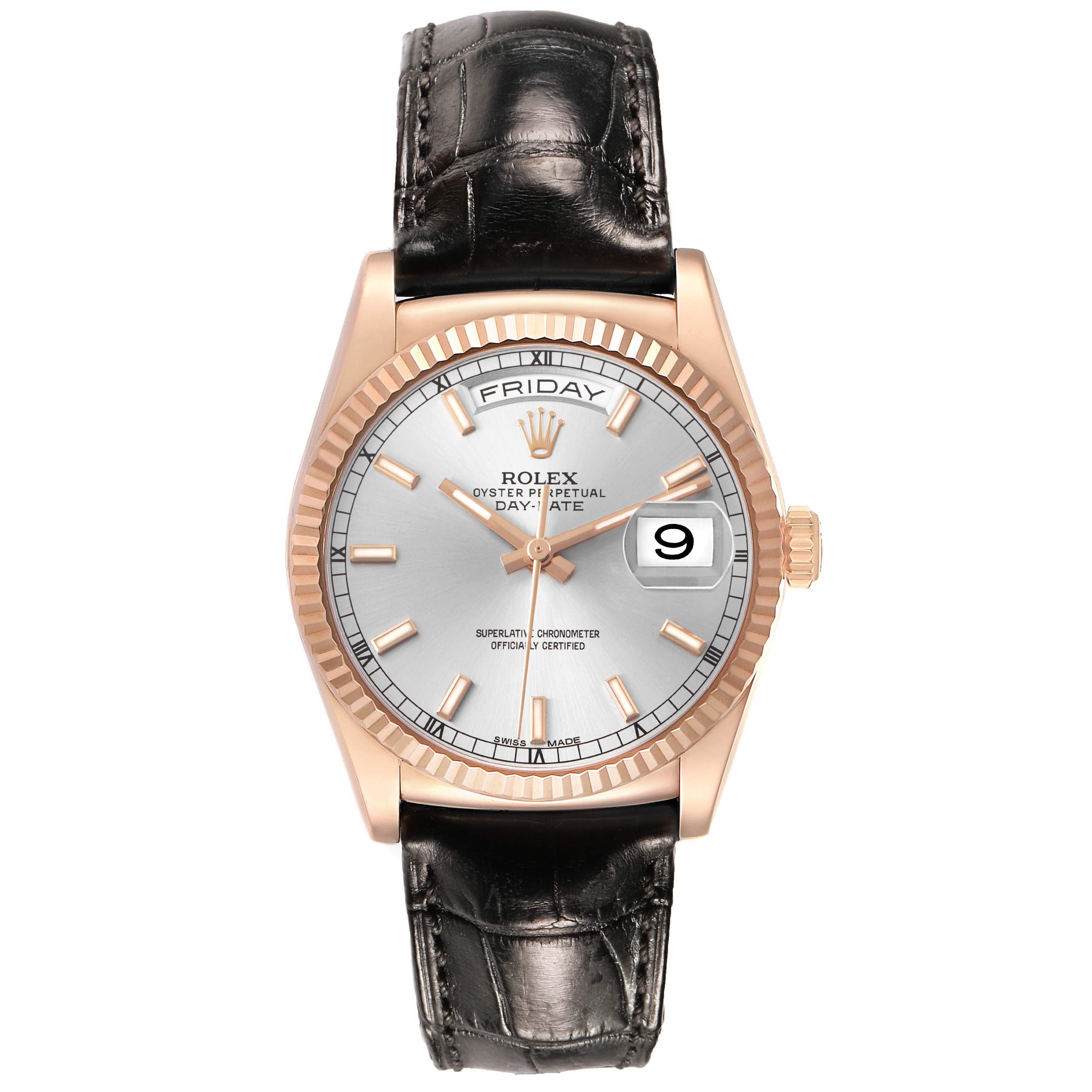 The Rolex President 118135 Men's Rose Gold Silver Dial watch is shown from a straight-on angle, displaying the bezel, dial, date, and part of the strap.