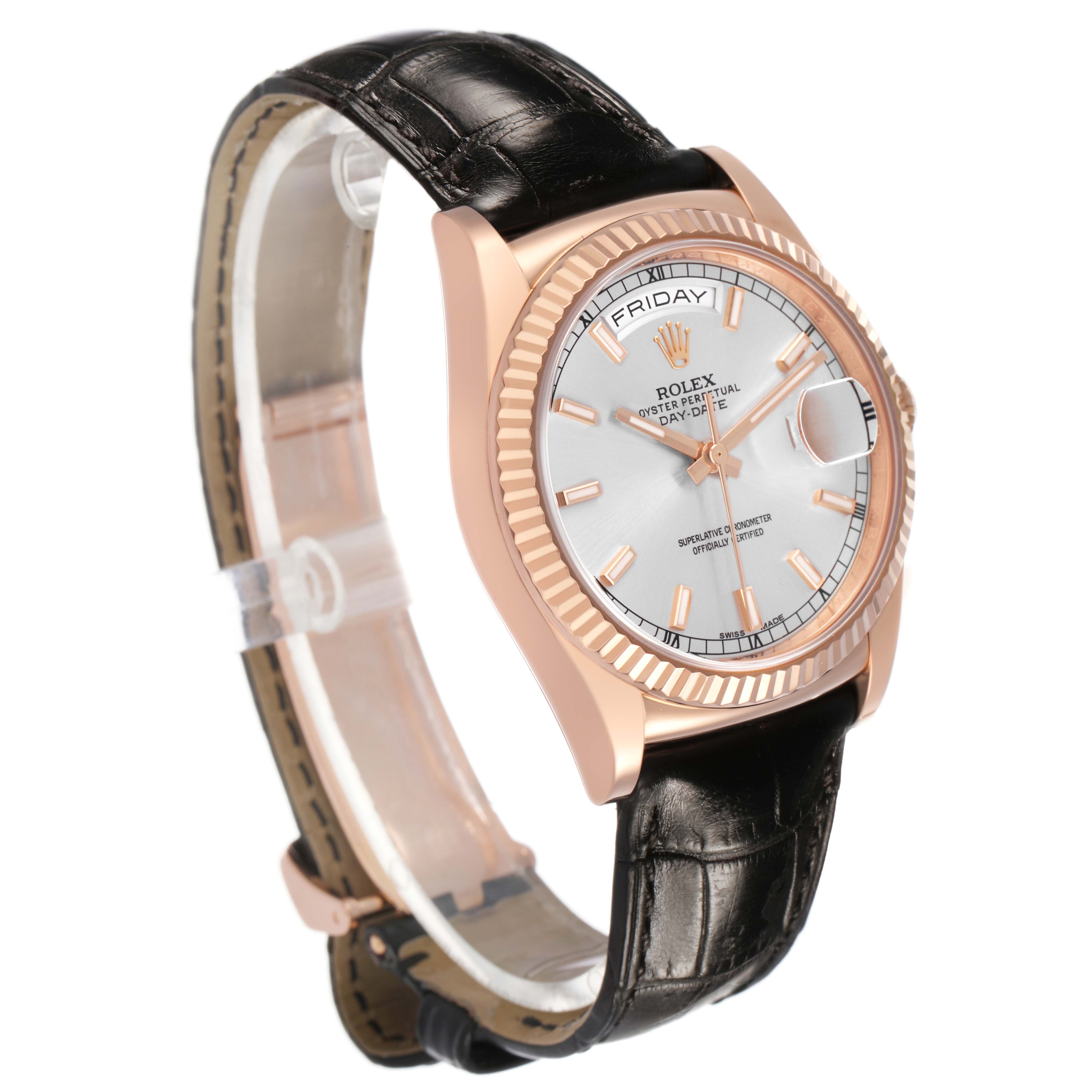 The Rolex President 118135 Men's Rose Gold Silver Dial model is shown at a side angle, displaying the dial, bezel, and strap.