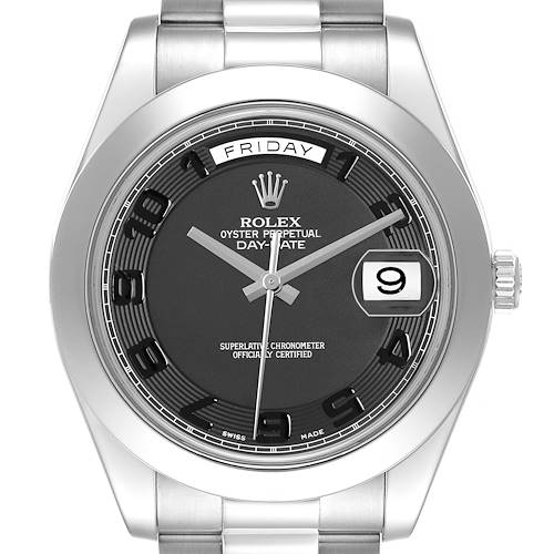 The Rolex President 218206 Men's Platinum Black Dial model is shown from the front, highlighting the black dial, day-date windows, and metal bracelet.