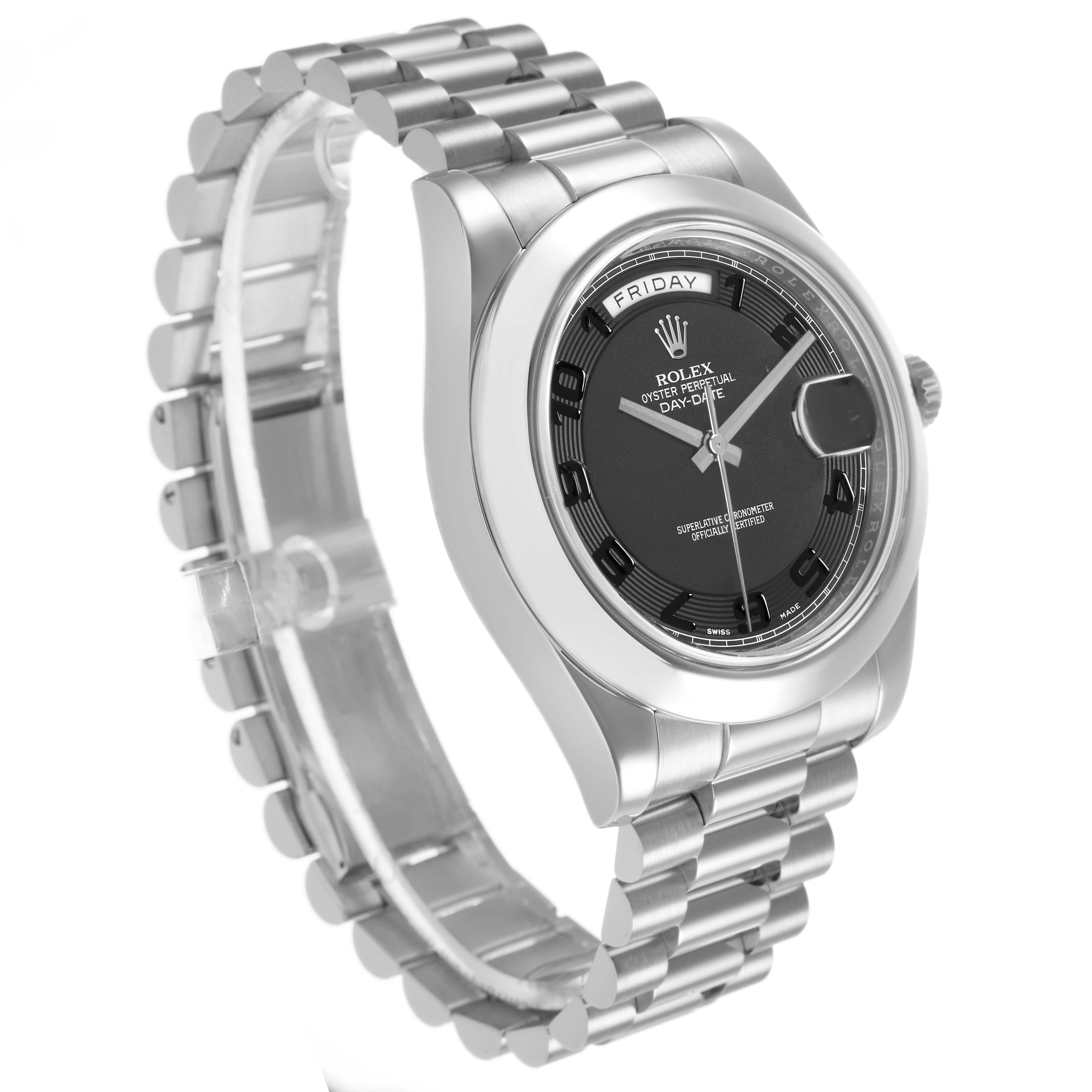 The Rolex President 218206 Mens Platinum Black Dial model watch is displayed at an angled side view, showing the bracelet and face with day and date indicators.