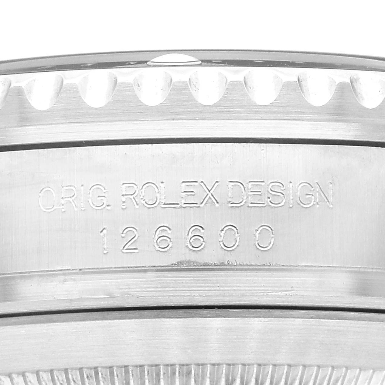 This image shows a close-up of the engraved bezel and model number 126600 of the Rolex Sea-Dweller 126600 Men
s Stainless Steel Black Dial 126600 Men
s Stainless Steel Black Dial watch.