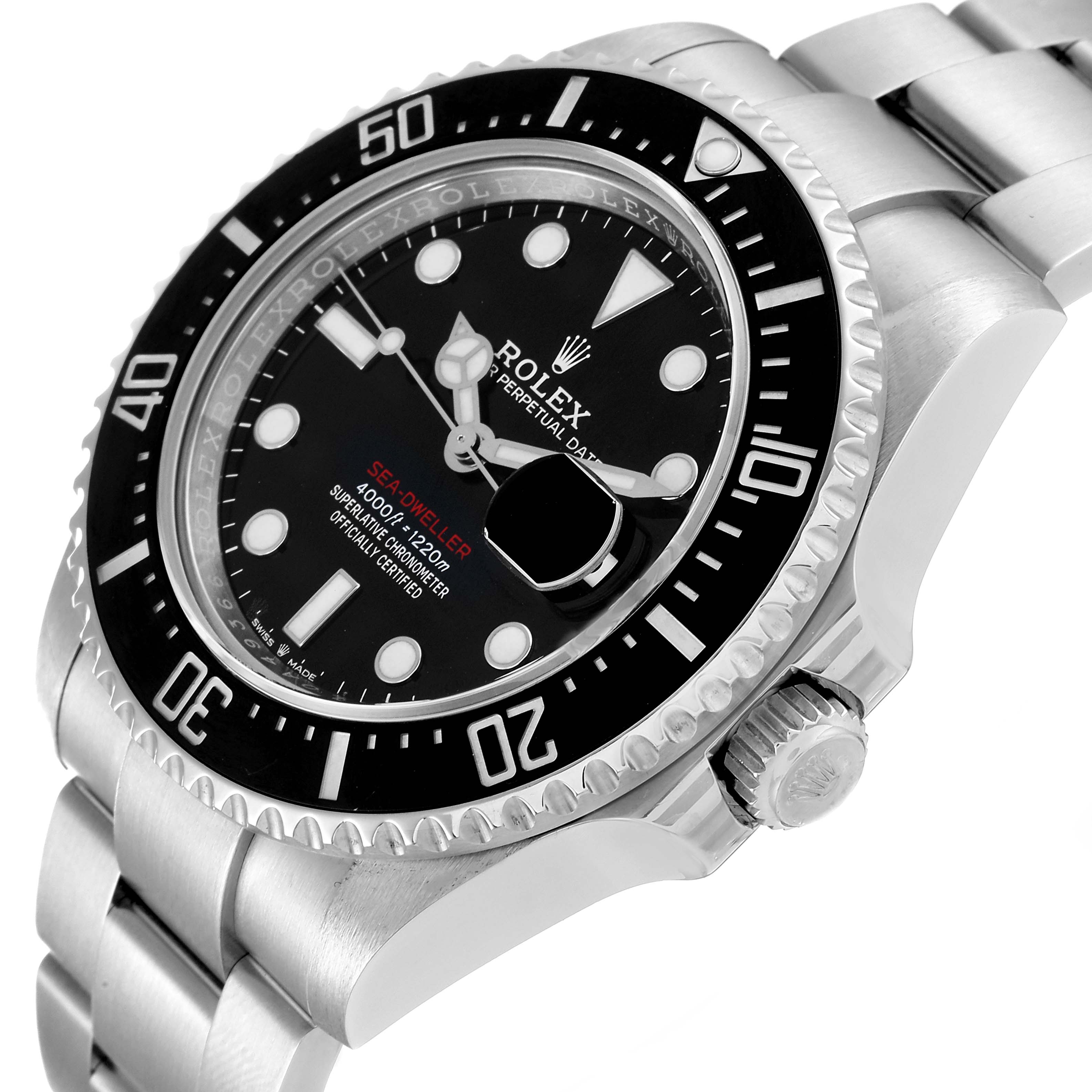 The image shows a close-up angle of the Rolex Sea-Dweller 126600 Men
s Stainless Steel Black Dial 126600 Men
s Stainless Steel Black Dial watch, highlighting its black dial, bezel, and stainless steel bracelet.