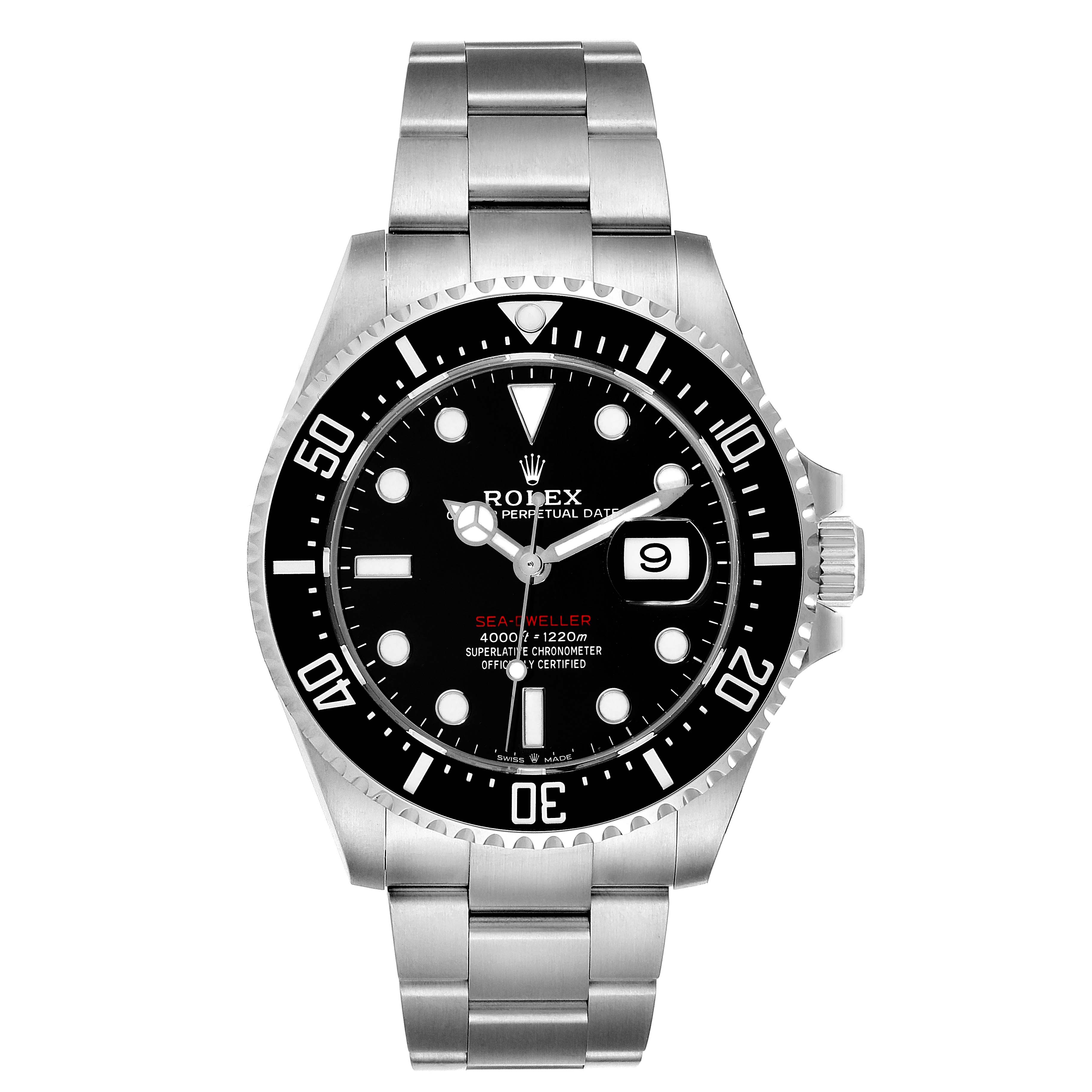 This image shows a front view of a Rolex Sea-Dweller 126600 Men
s Stainless Steel Black Dial 126600 Men
s Stainless Steel Black Dial watch, displaying its face, bezel, bracelet, and crown.