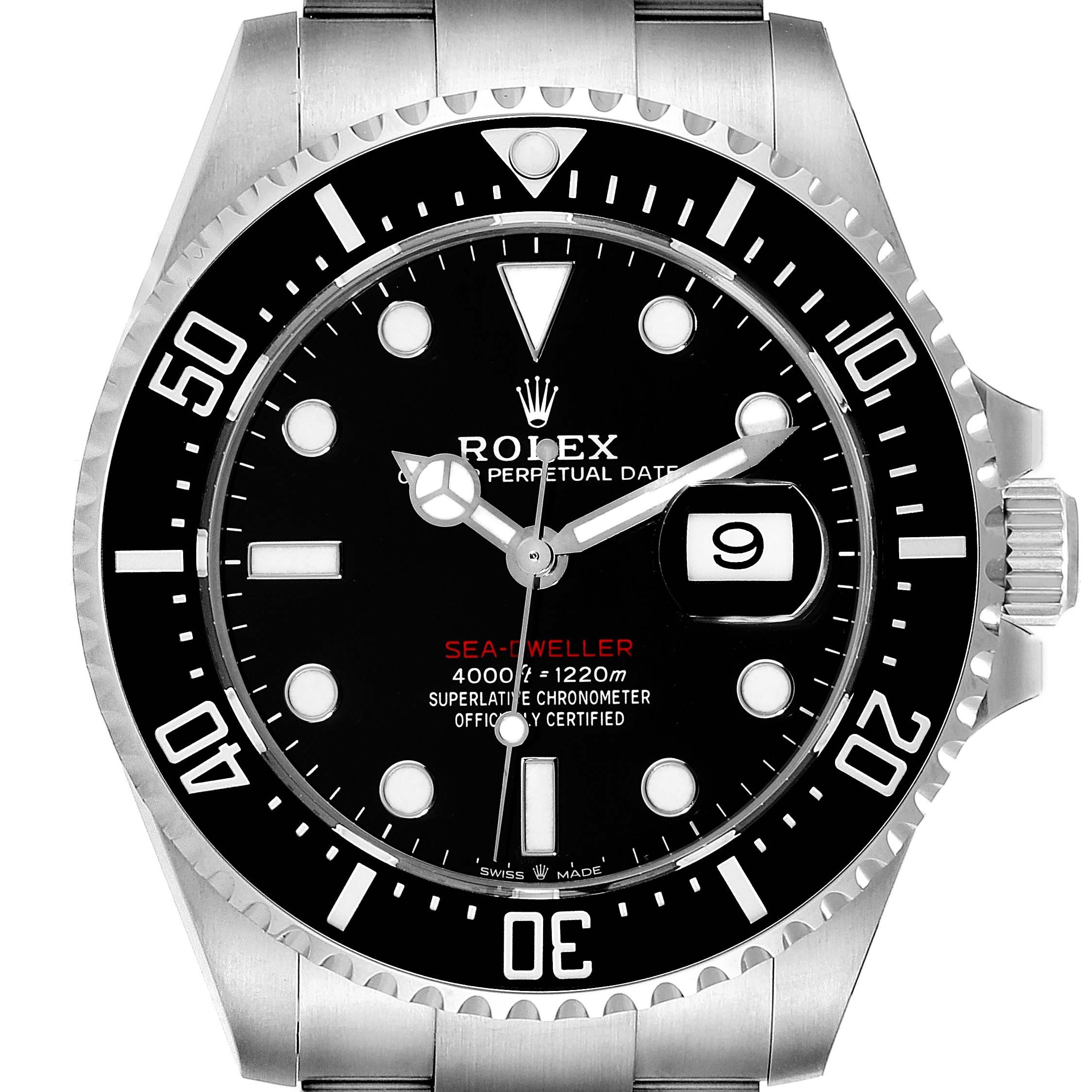 The image shows a front view of the Rolex Sea-Dweller 126600 Men
s Stainless Steel Black Dial 126600 Men
s Stainless Steel Black Dial watch, highlighting the dial, date window, and bezel.