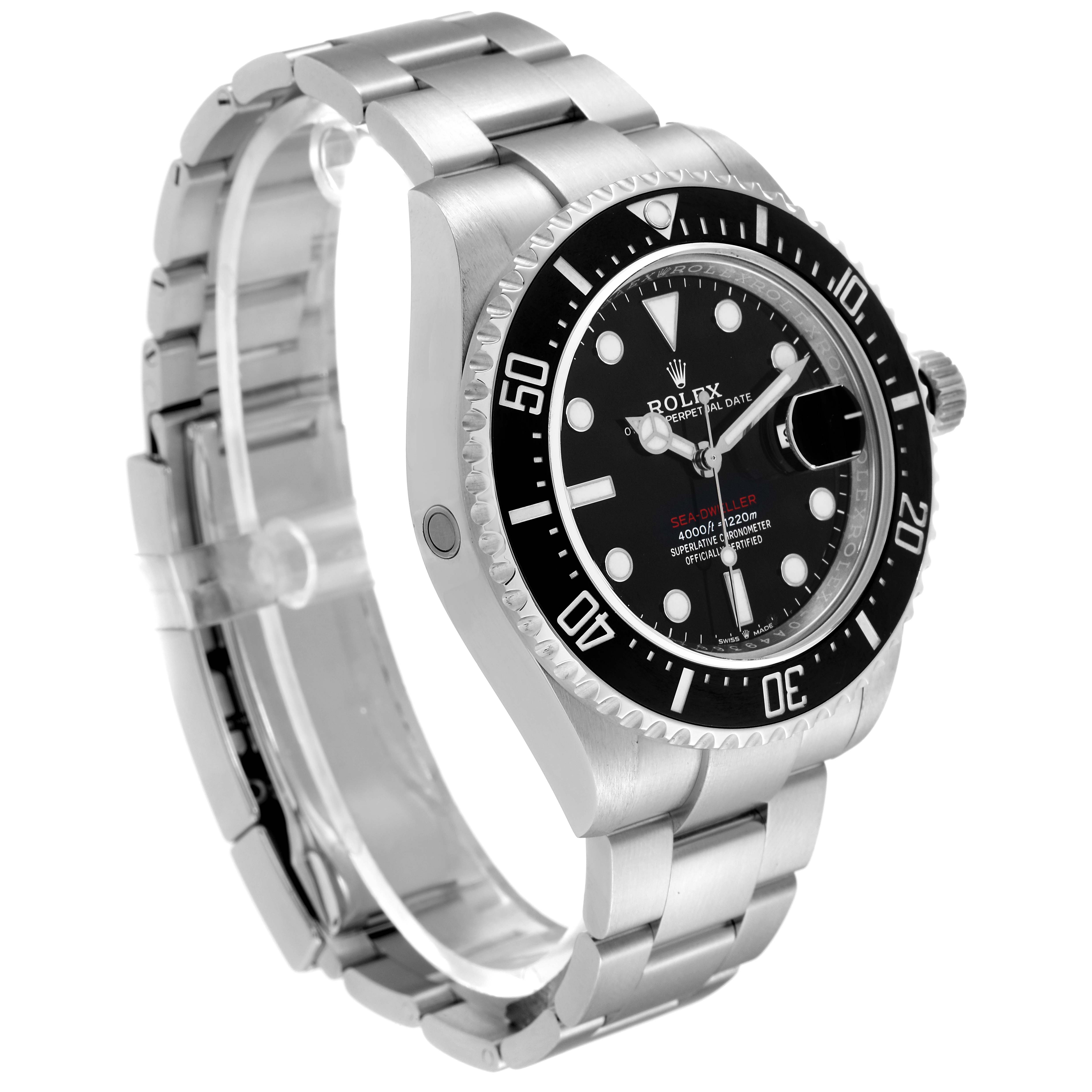 The Rolex Sea-Dweller 126600 Men
s Stainless Steel Black Dial 126600 Men
s Stainless Steel Black Dial watch is shown from a side angle, displaying the face, bezel, crown, bracelet, and part of the clasp.