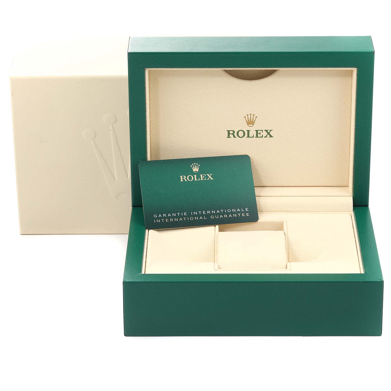 The image shows an open Rolex Sea-Dweller 126603 Men
s Steel and Gold (two tone) Black Dial 126603 Men
s Steel and Gold (two tone) Black Dial watch box with an international guarantee card, viewed from the front.