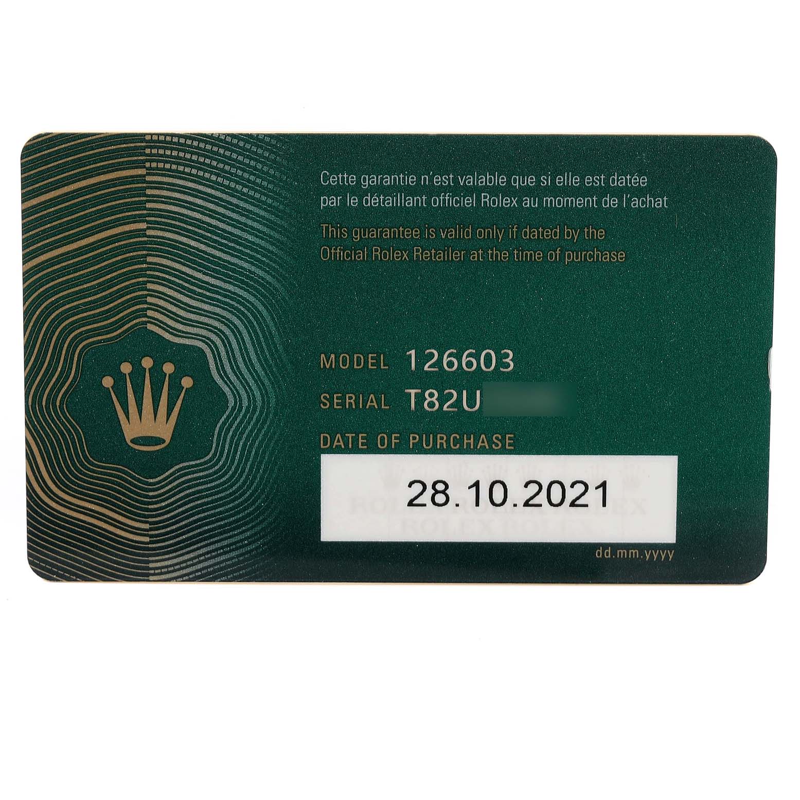 This image shows the Rolex guarantee card for the Sea-Dweller model 126603, detailing the purchase date of 28.10.2021.
